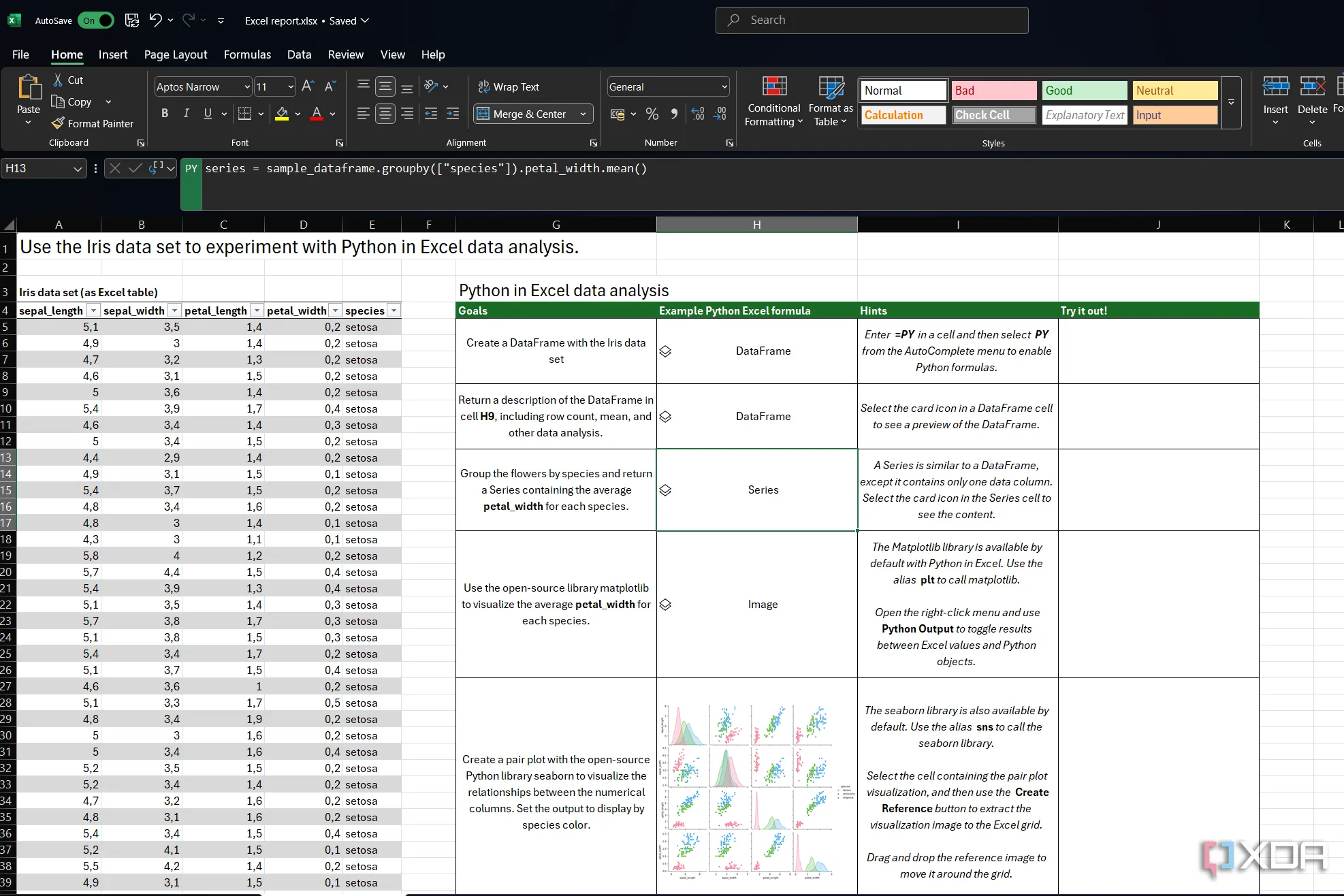 Bộ dữ liệu Iris mẫu trong Excel, dùng làm tài liệu học tập để làm quen với cú pháp và hàm Python cho người mới bắt đầu.