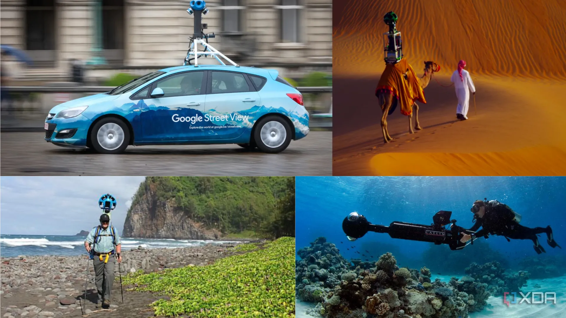 Bốn hình ảnh minh họa các phương pháp độc đáo Google sử dụng để thu thập dữ liệu Street View, bao gồm xe Street View, ba lô camera, lạc đà và thuyền