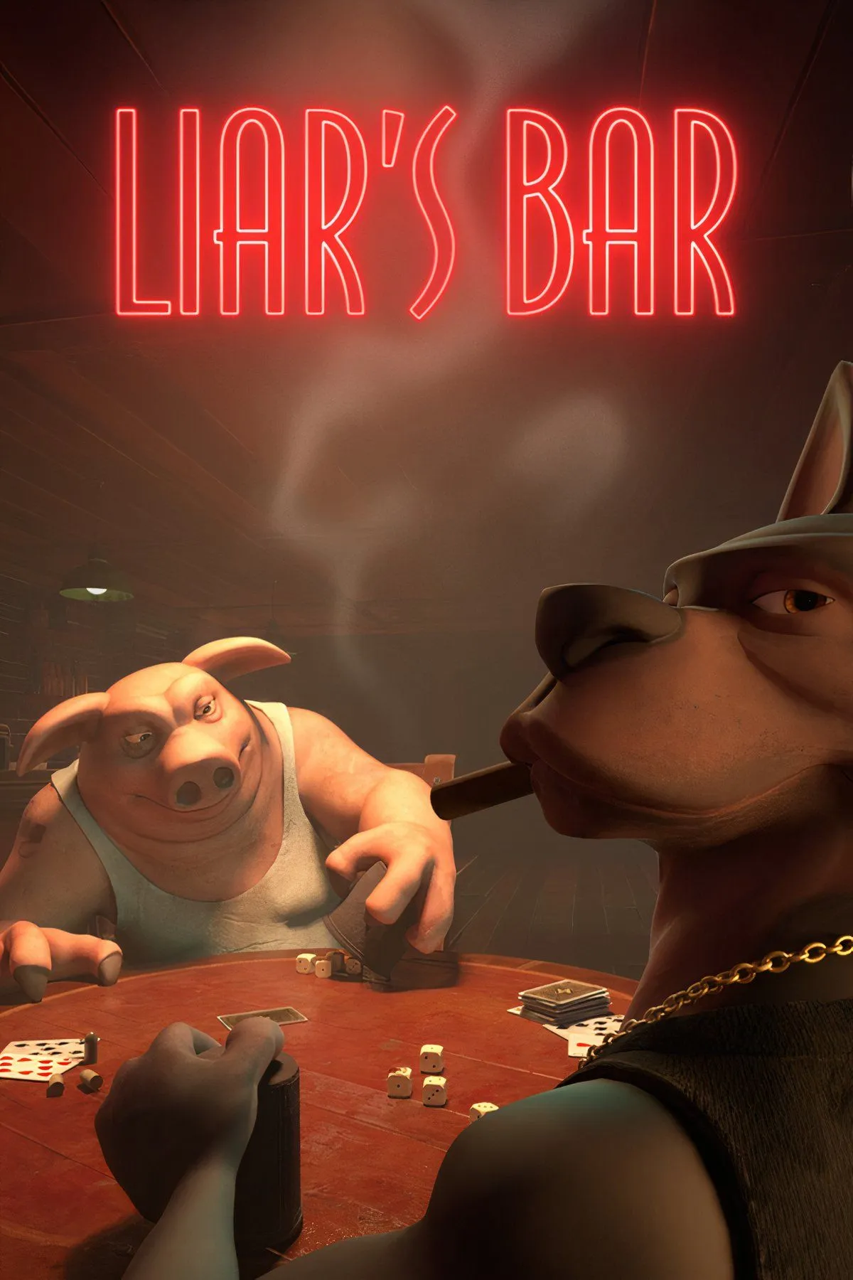 Bốn nhân vật hoạt hình thú vị đang chơi bài tại Liar's Bar, thể hiện sự lừa dối
