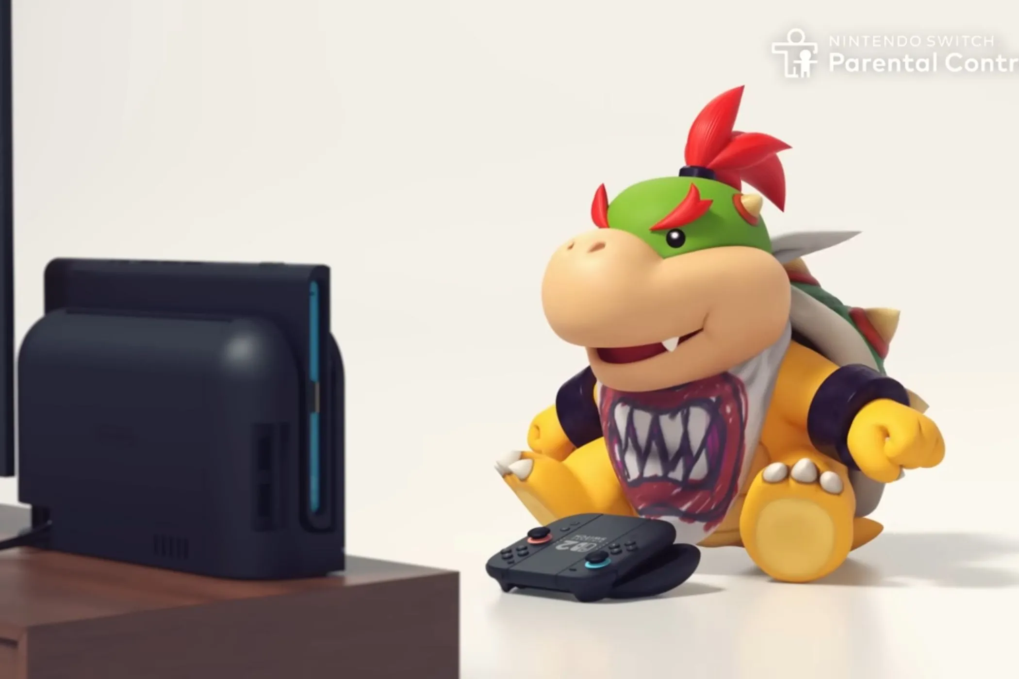 Bowser Jr. đang chơi Nintendo Switch 2, tượng trưng cho trẻ em sử dụng console, liên quan đến vấn đề an toàn và kiểm soát phụ huynh