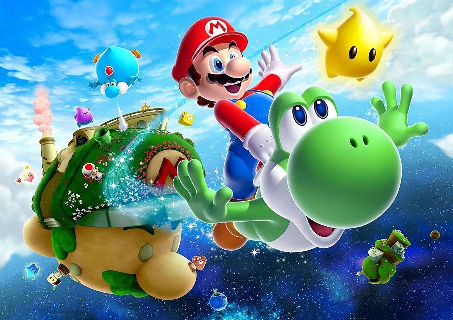 Bức tranh minh họa từ Super Mario Galaxy 2, với Mario và Yoshi trong không gian.