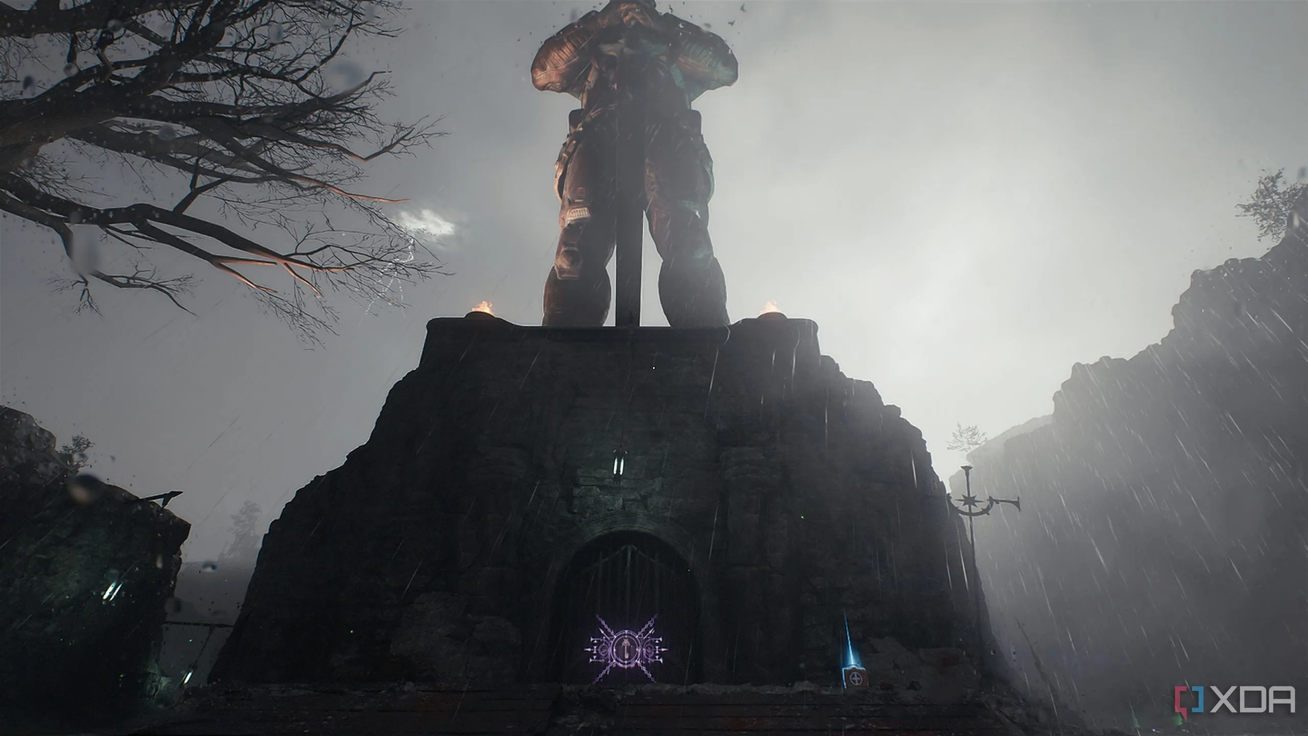 Bức tượng Sentinel Knight khổng lồ và cổng khóa tím dẫn đến Life Sigil