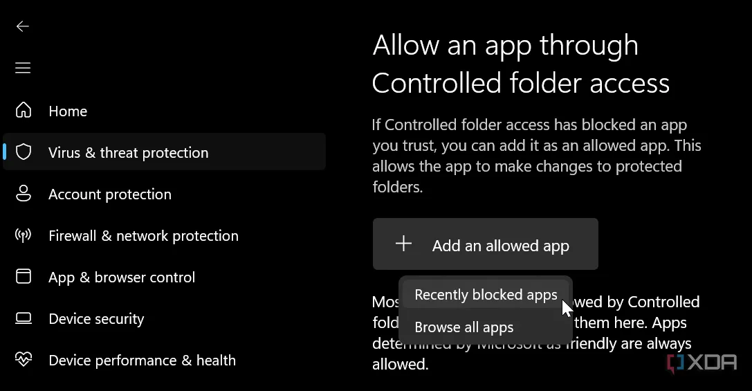 Các bước cho phép ứng dụng bị chặn truy cập thông qua Controlled Folder Access trên Windows