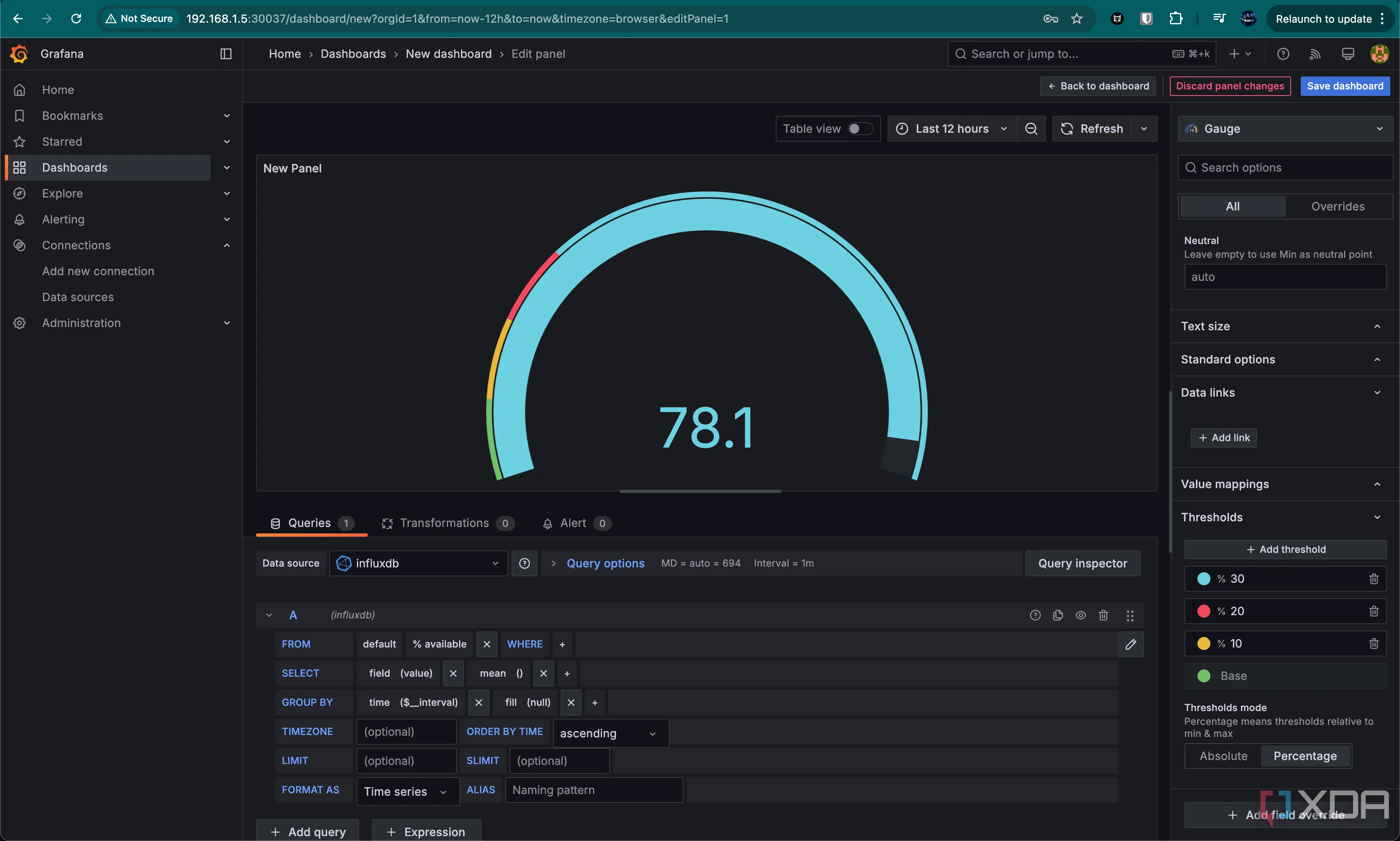 Các bước tạo và tùy chỉnh biểu đồ dạng Gauge trong Grafana, bao gồm thiết lập ngưỡng màu sắc