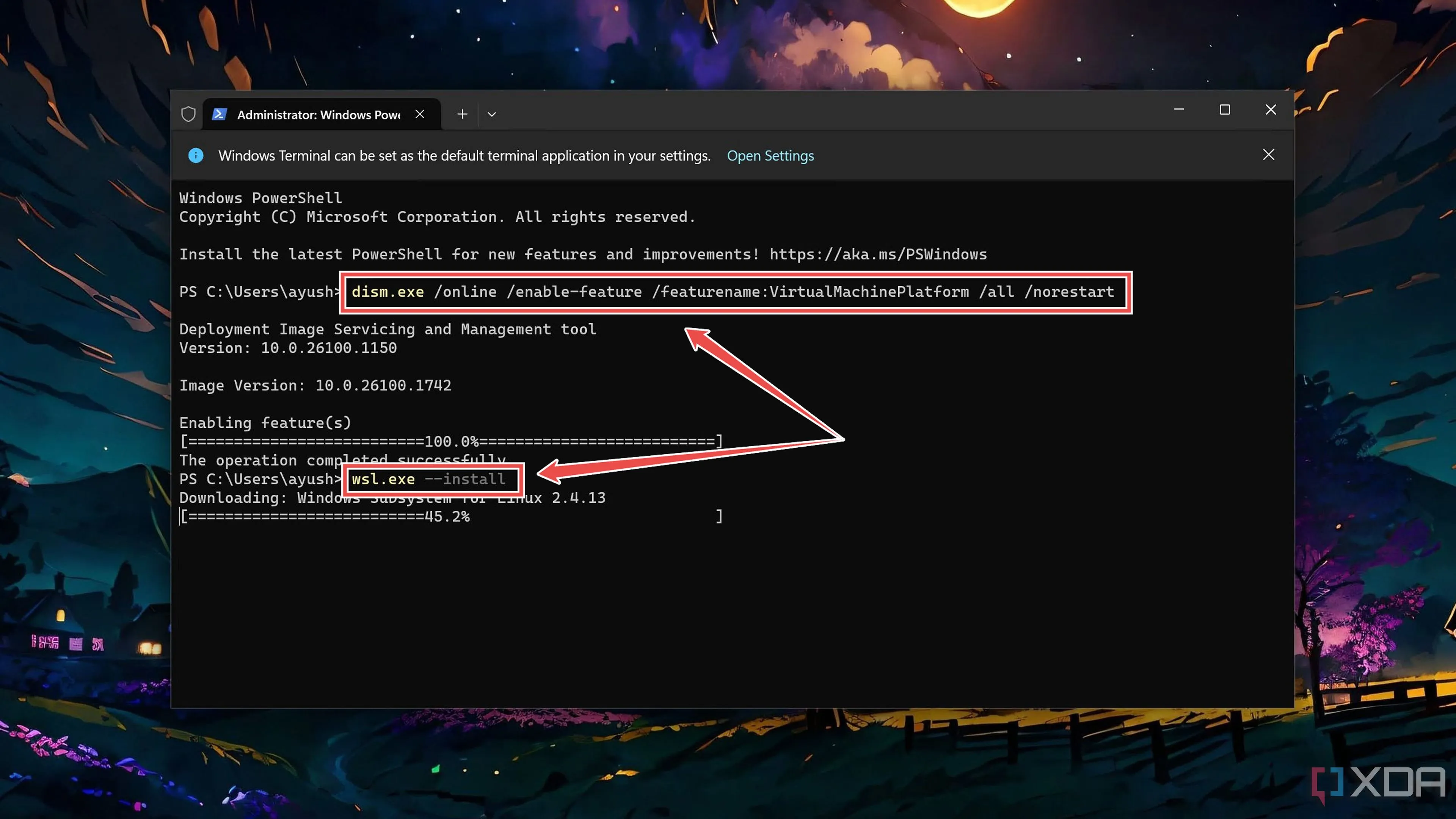 Các lệnh cài đặt Windows Subsystem for Linux (WSL) để hỗ trợ Podman Desktop