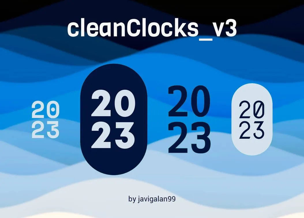 Các mẫu đồng hồ CleanClocks V3 Rainmeter với thiết kế tối giản trên nền xanh gợn sóng
