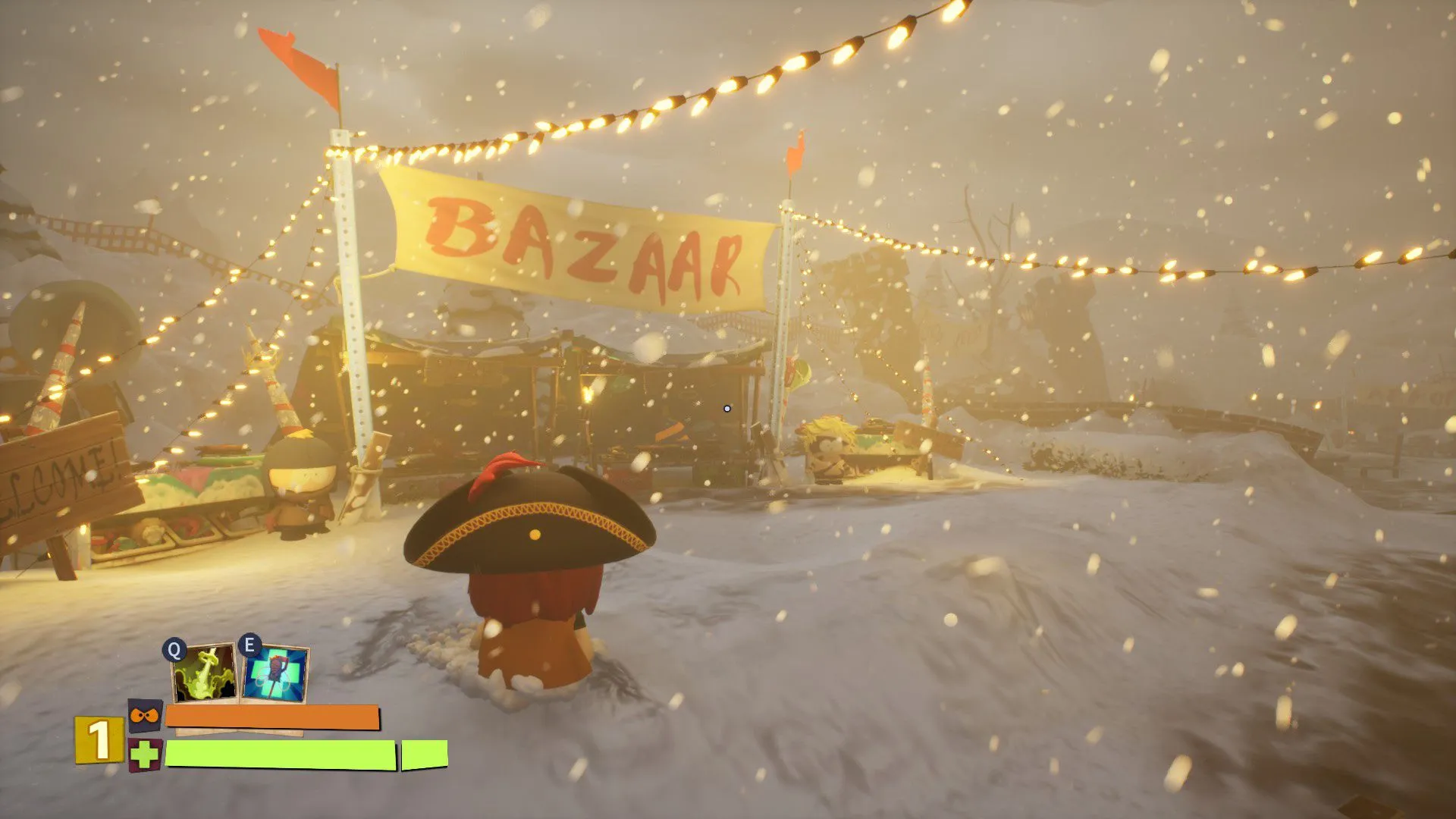 Các nhân vật của South Park trong bối cảnh 3D của South Park: Snow Day! tại khu chợ.