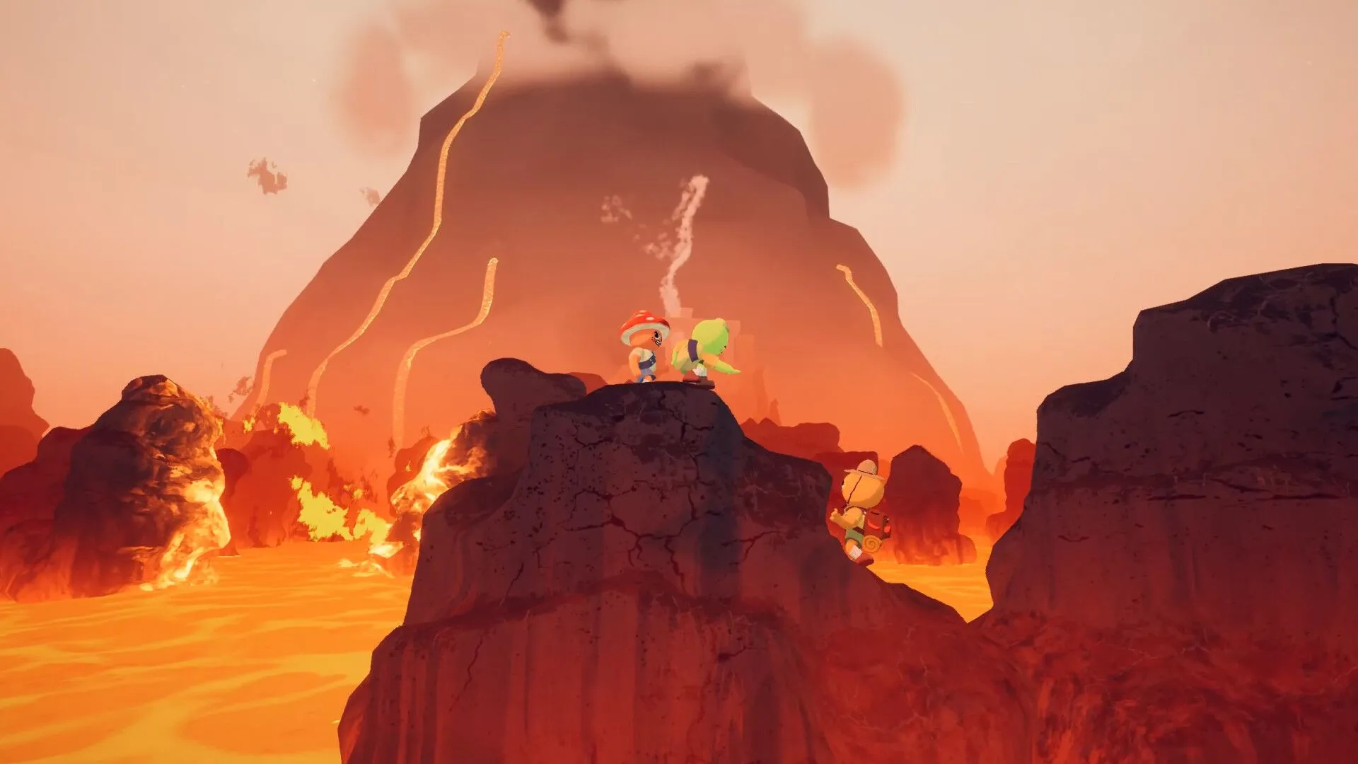 Các nhân vật game Peak khám phá khu vực dung nham với đá núi lửa