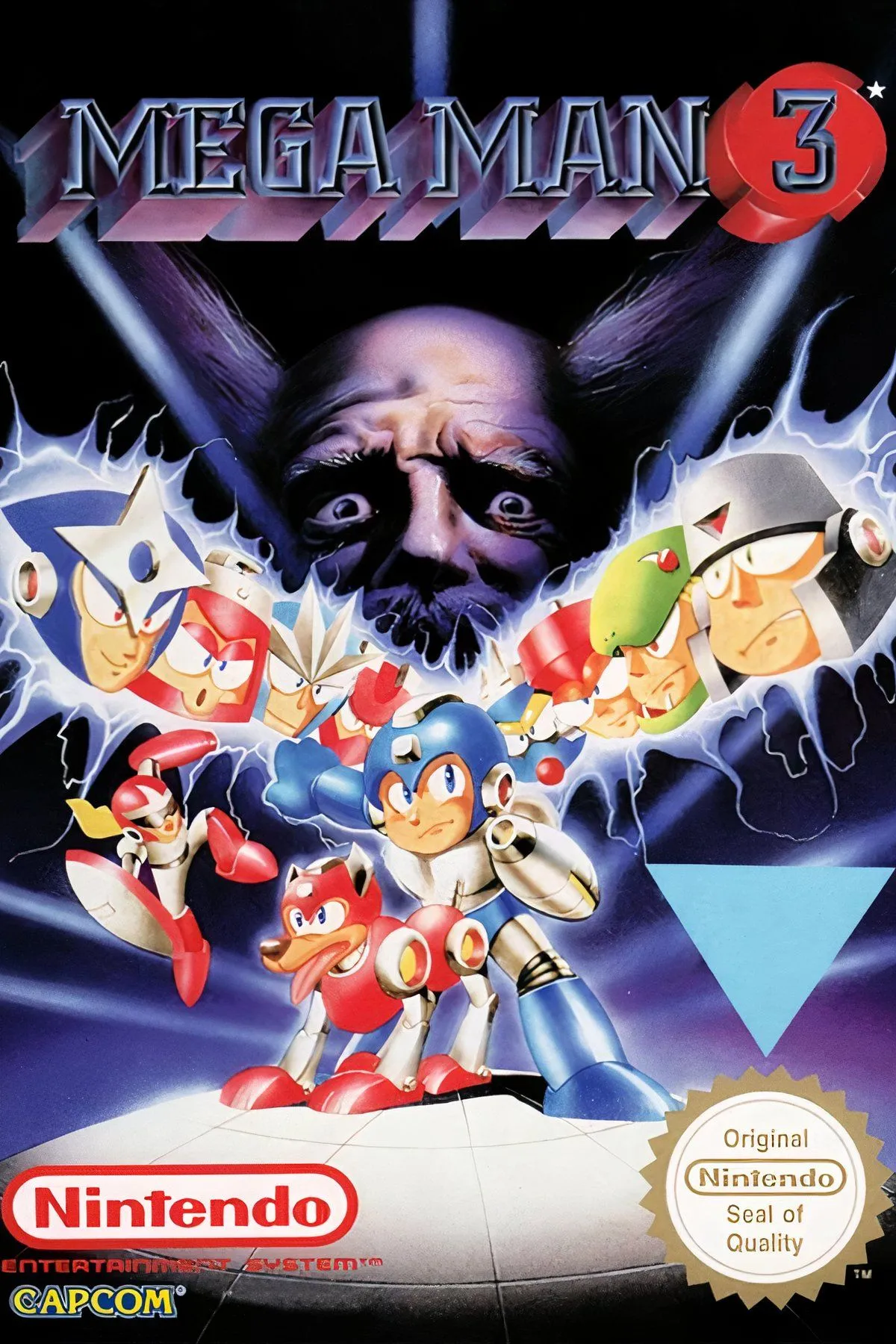 Các phân cảnh gameplay nổi bật từ game Mega Man 3 trên hệ máy NES, bao gồm cơ chế trượt và trận đấu boss.