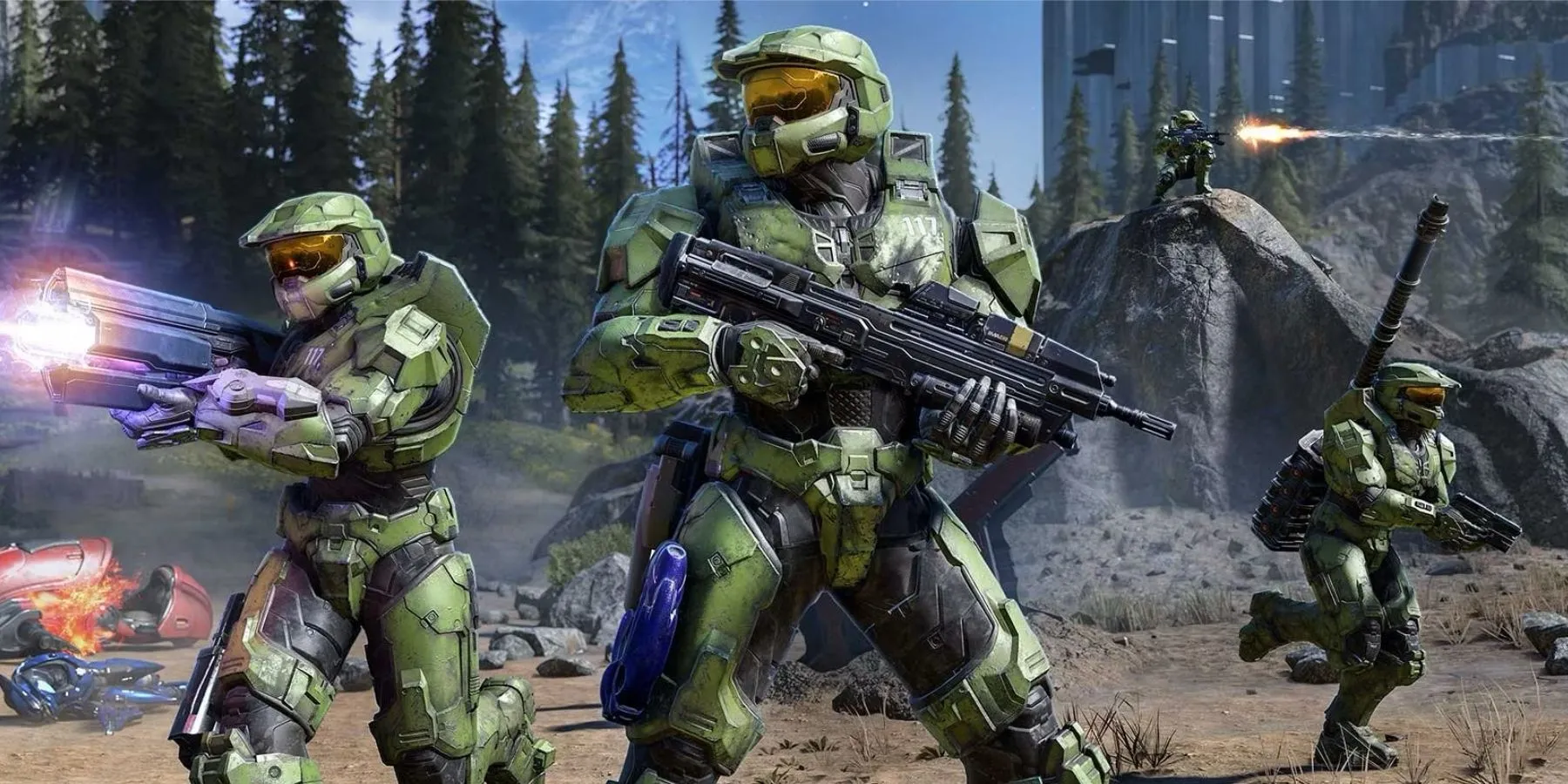 Các Spartan giao chiến trong chế độ multiplayer miễn phí của Halo Infinite, thể hiện lối chơi kinh điển.