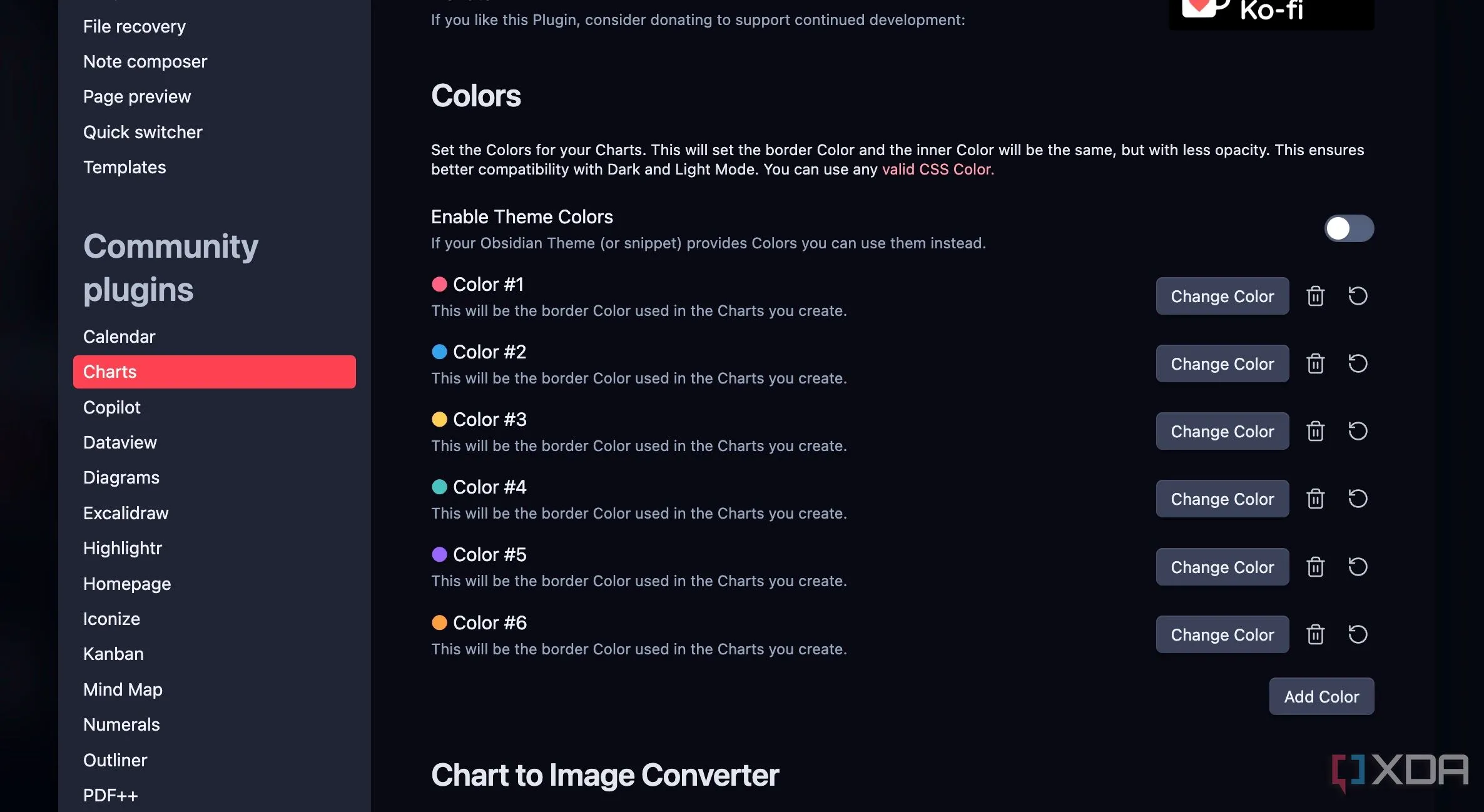 Các tùy chọn cài đặt và tùy chỉnh cho plugin Charts trong cài đặt Obsidian.