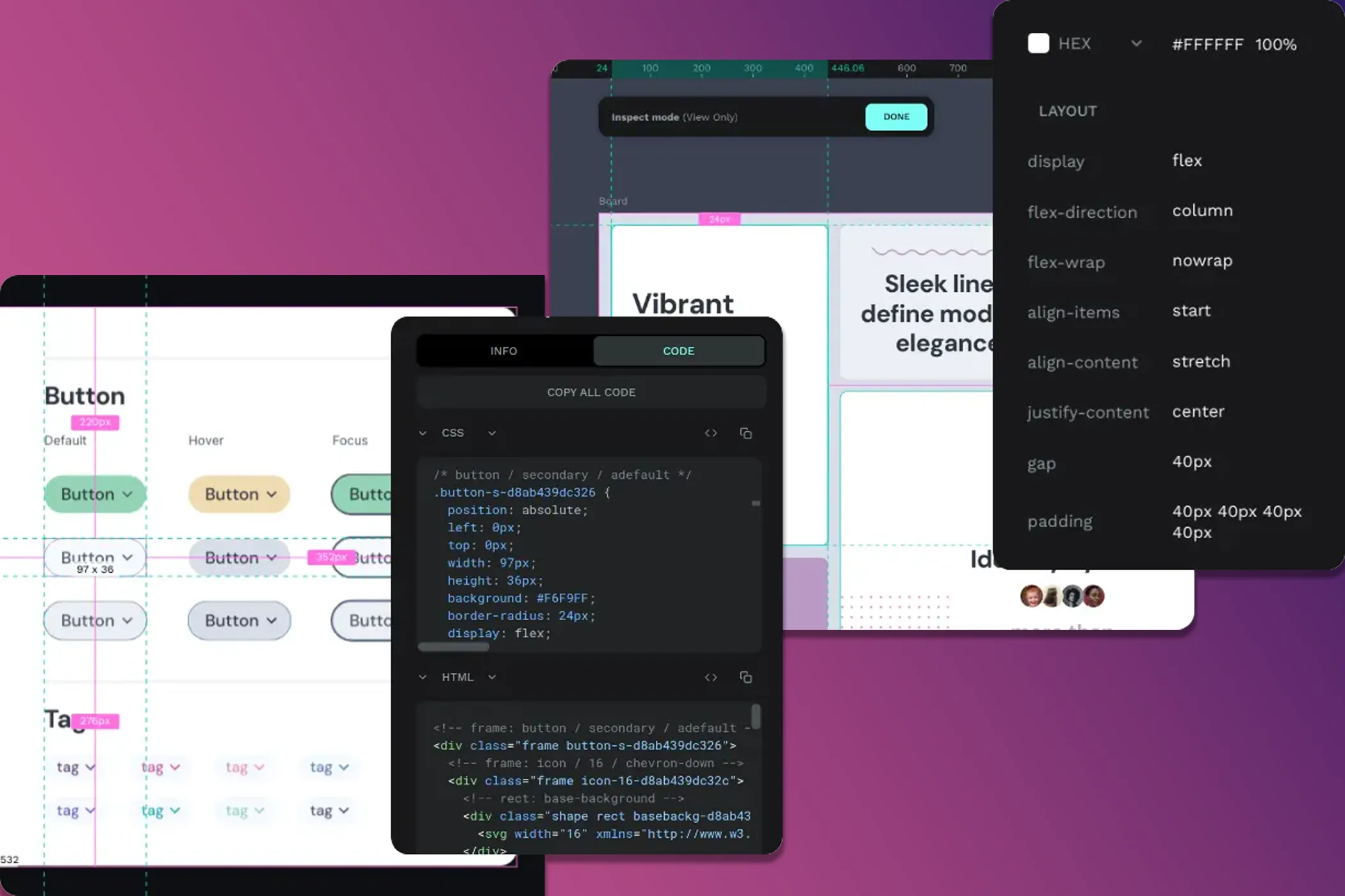 Các yếu tố thiết kế trong Penpot được tự động chuyển đổi thành mã HTML và CSS, hỗ trợ quy trình bàn giao cho nhà phát triển