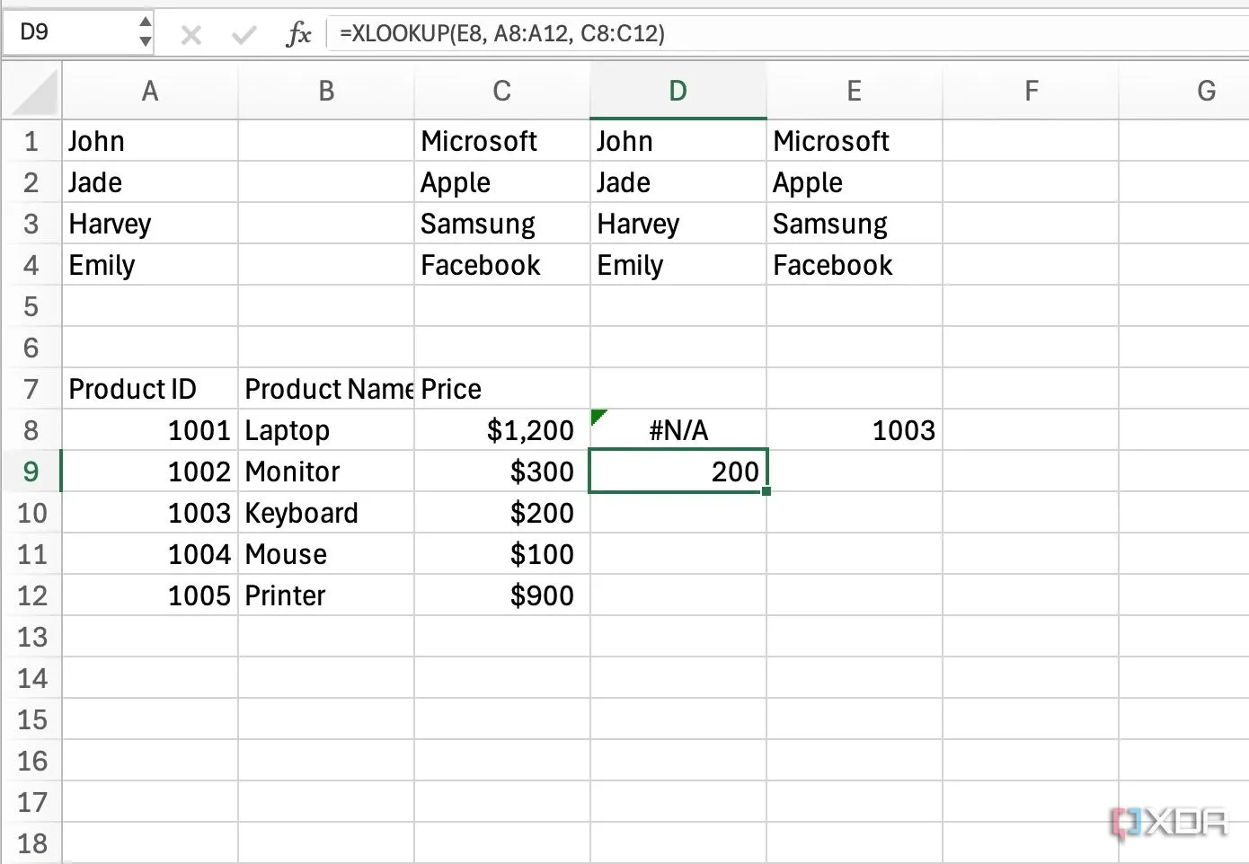 Cách sử dụng hàm XLOOKUP để tìm kiếm giá sản phẩm theo ID trong Excel