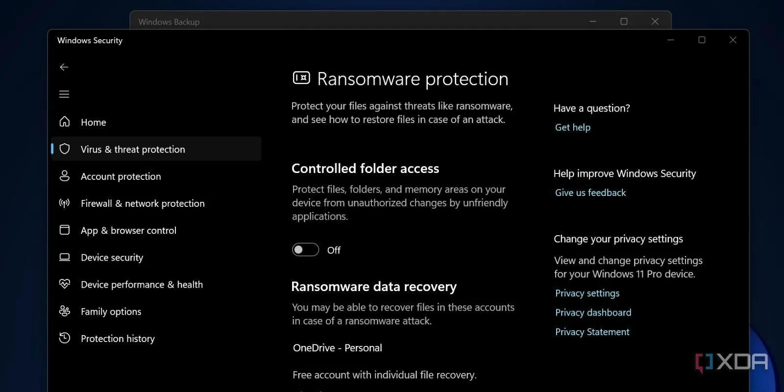 Cài đặt bảo vệ chống Ransomware trong ứng dụng Bảo mật Windows 11