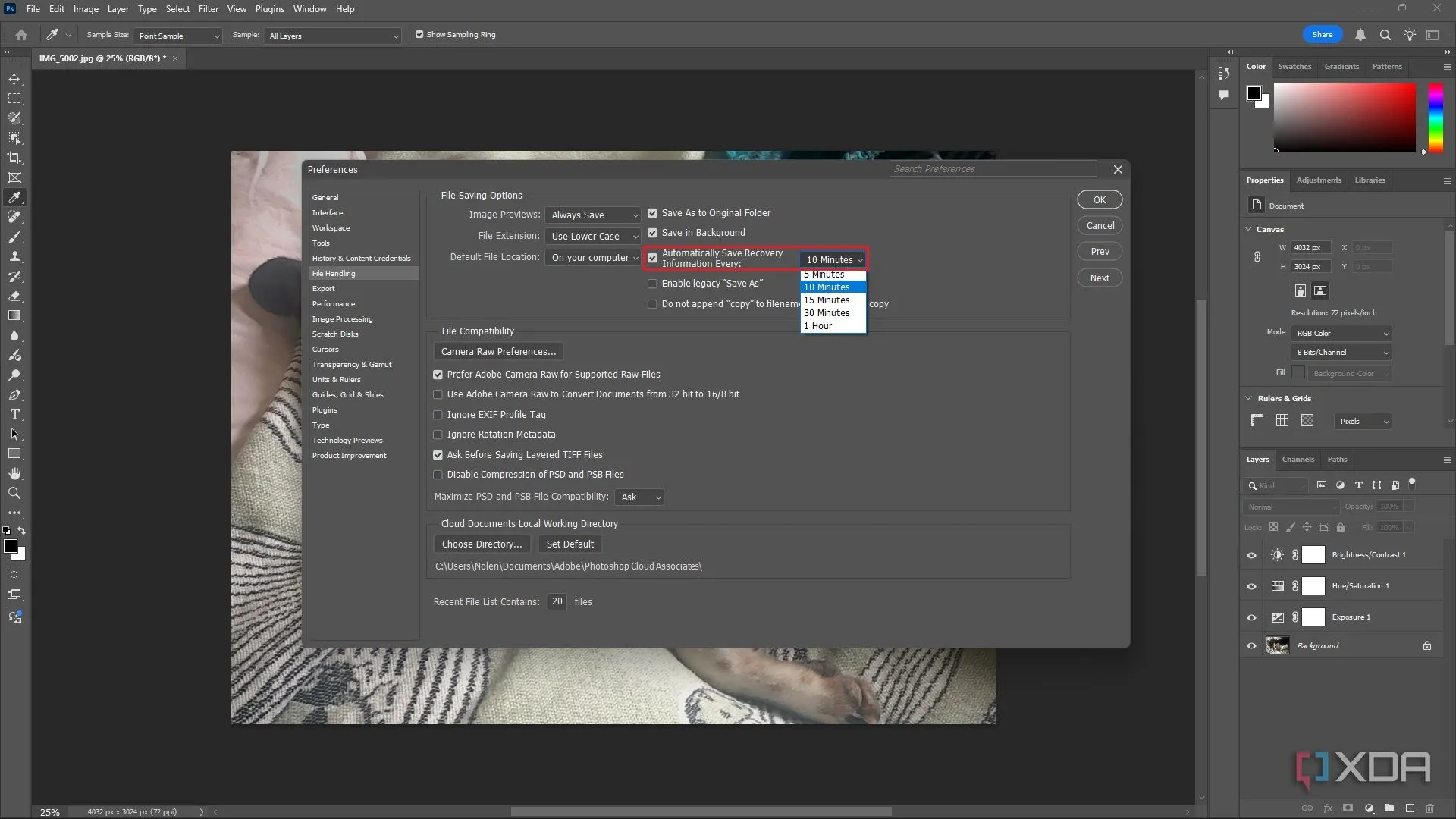 Cài đặt File Handling trong Photoshop, cho phép điều chỉnh hoặc tắt tần suất tự động lưu thông tin khôi phục.