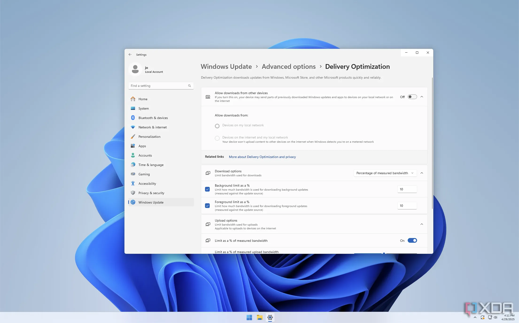 Cài đặt giới hạn băng thông cho Windows Update trong Windows 11