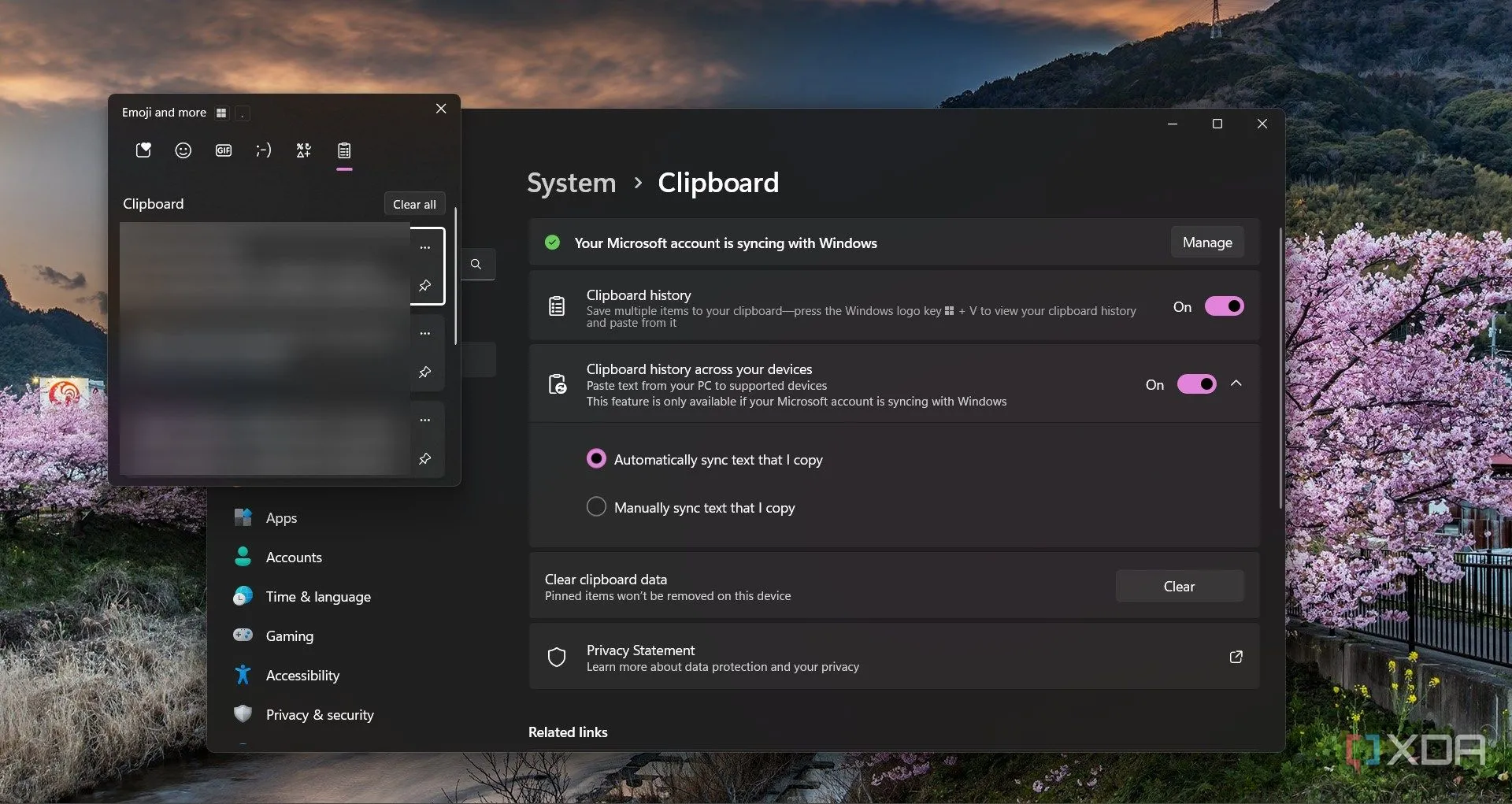 Cài đặt lịch sử Clipboard và tùy chọn đồng bộ hóa trên Windows 11