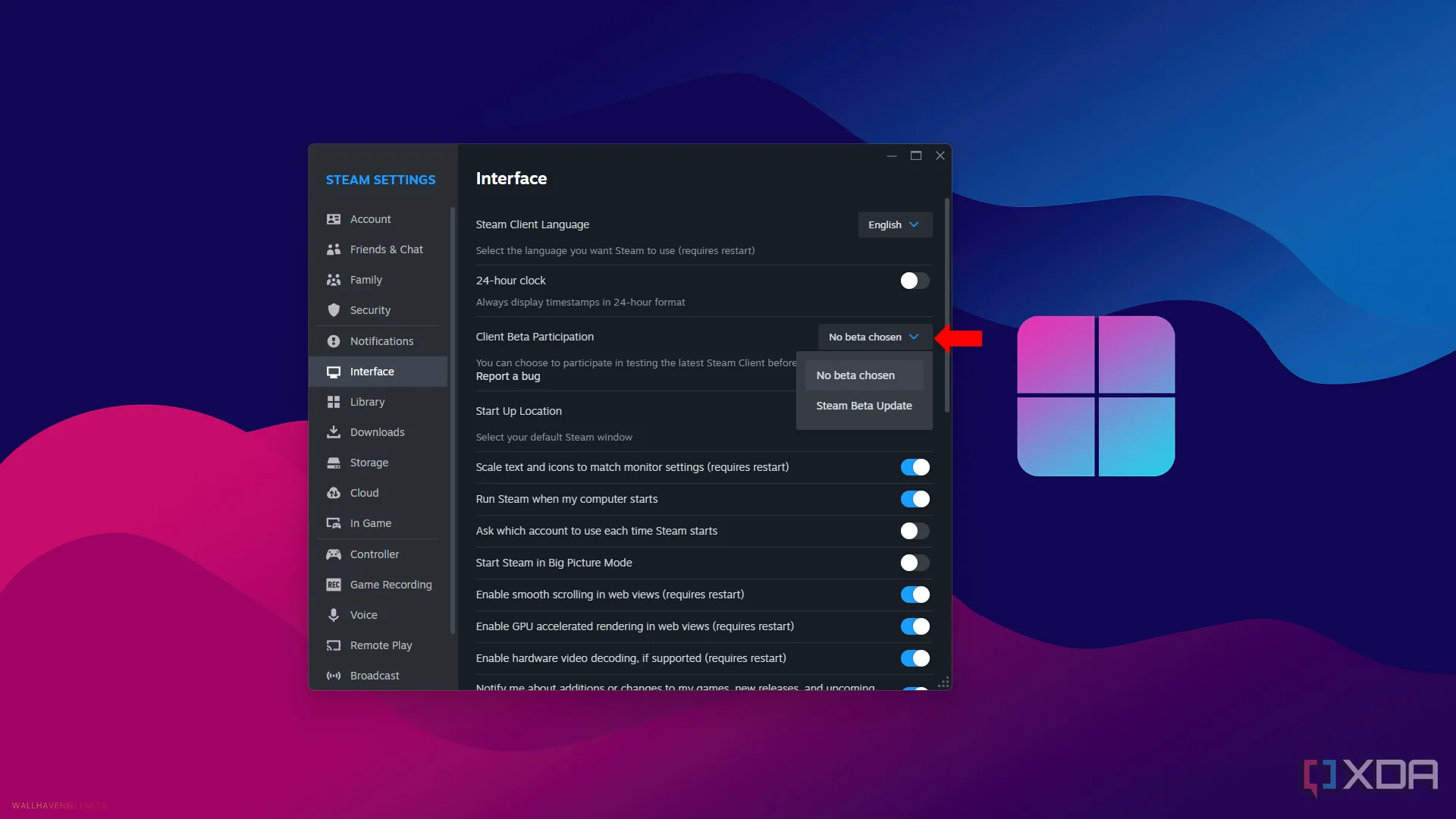 Cài đặt tham gia Steam Beta trong phần giao diện, cho phép người dùng chọn bản cập nhật thử nghiệm.