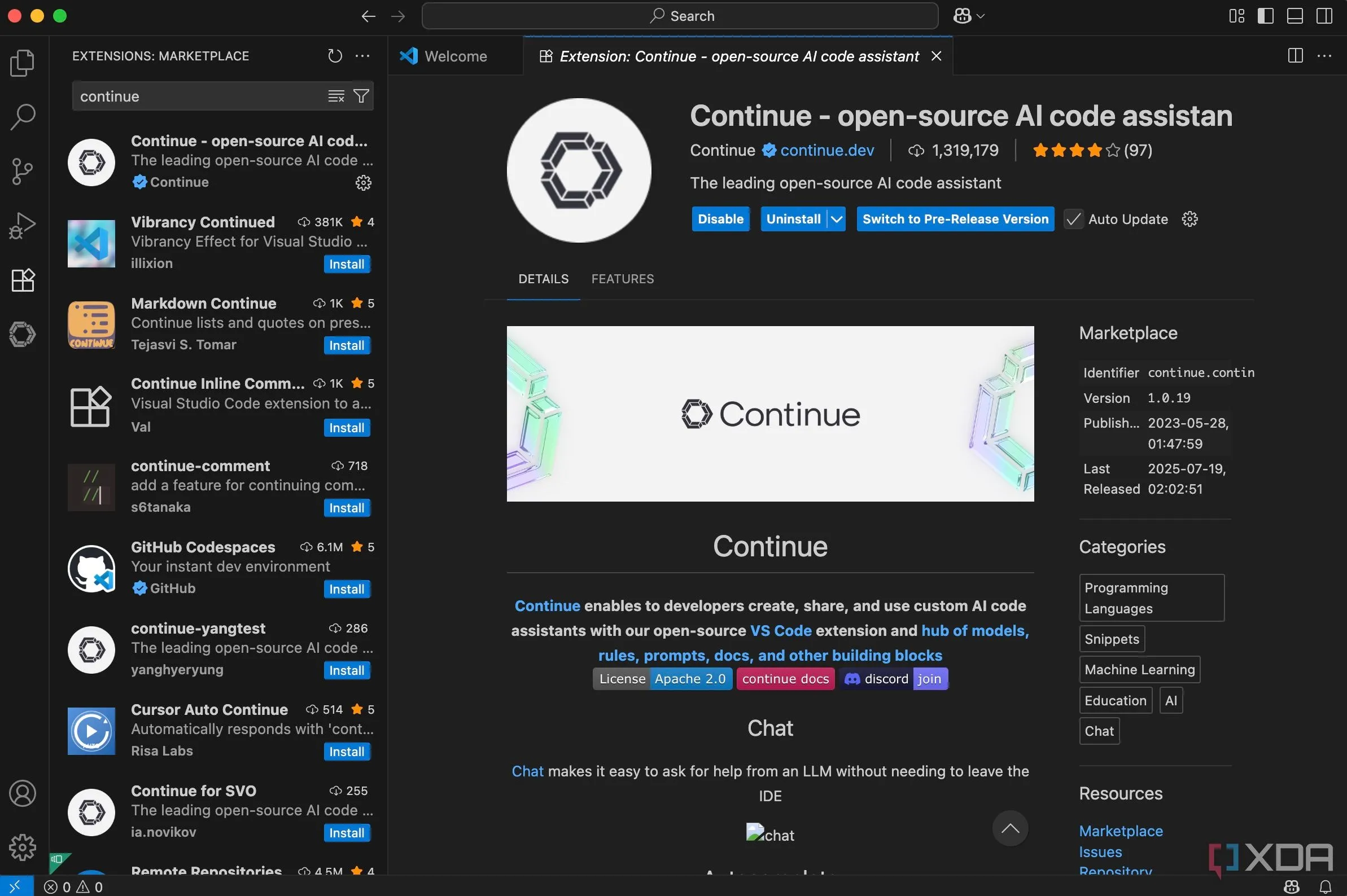 Cài đặt tiện ích mở rộng Continue trong Visual Studio Code để tích hợp LLM