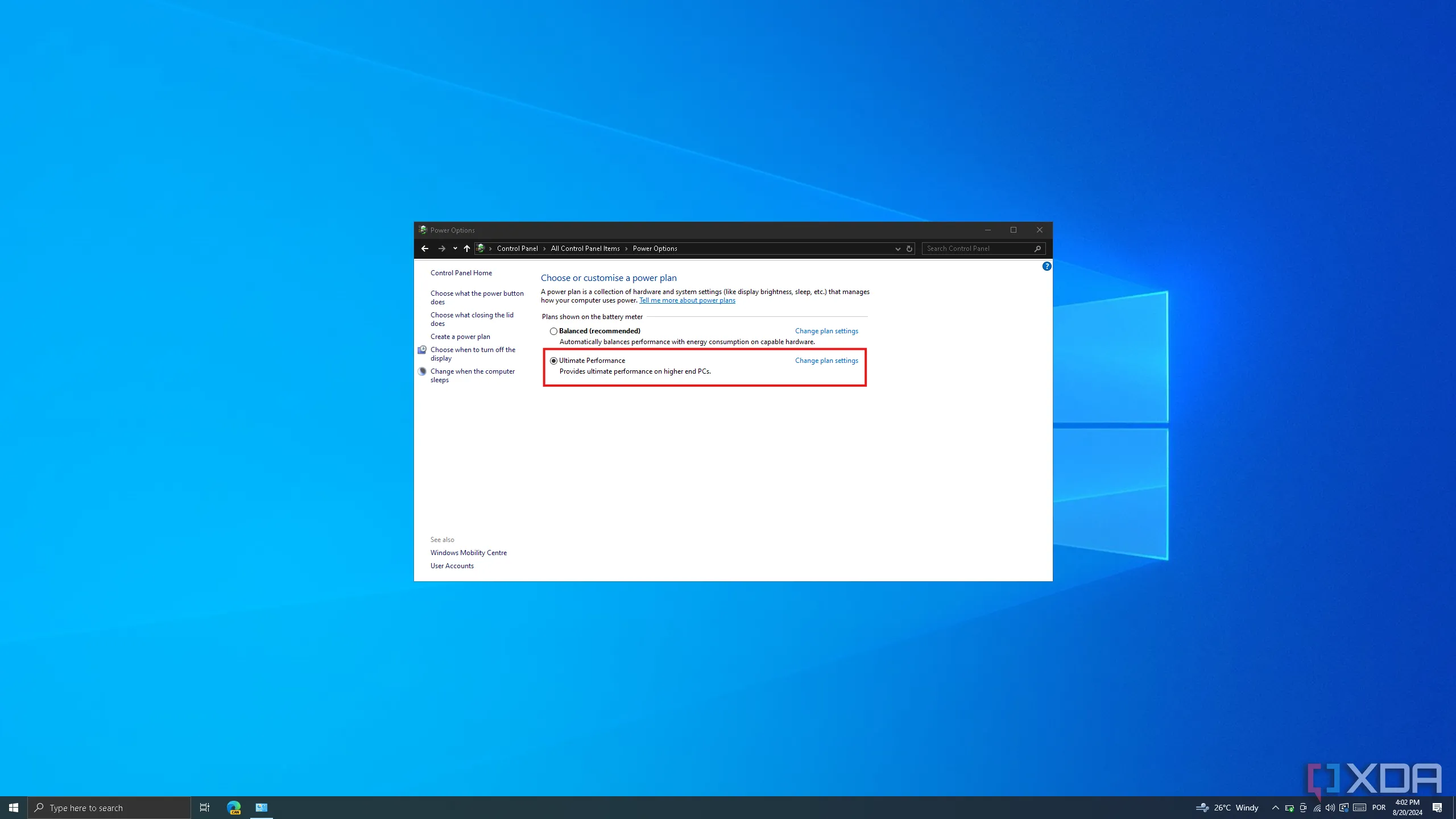 Cài đặt tùy chọn nguồn điện trong Control Panel của Windows, với chế độ Ultimate Performance được chọn