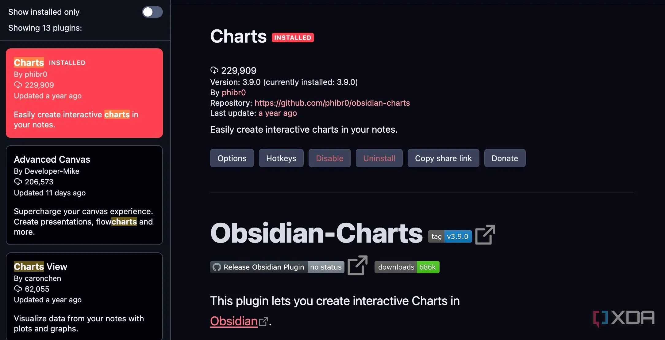 Cài đặt và bật plugin Charts trong danh sách các plugin cộng đồng của Obsidian.