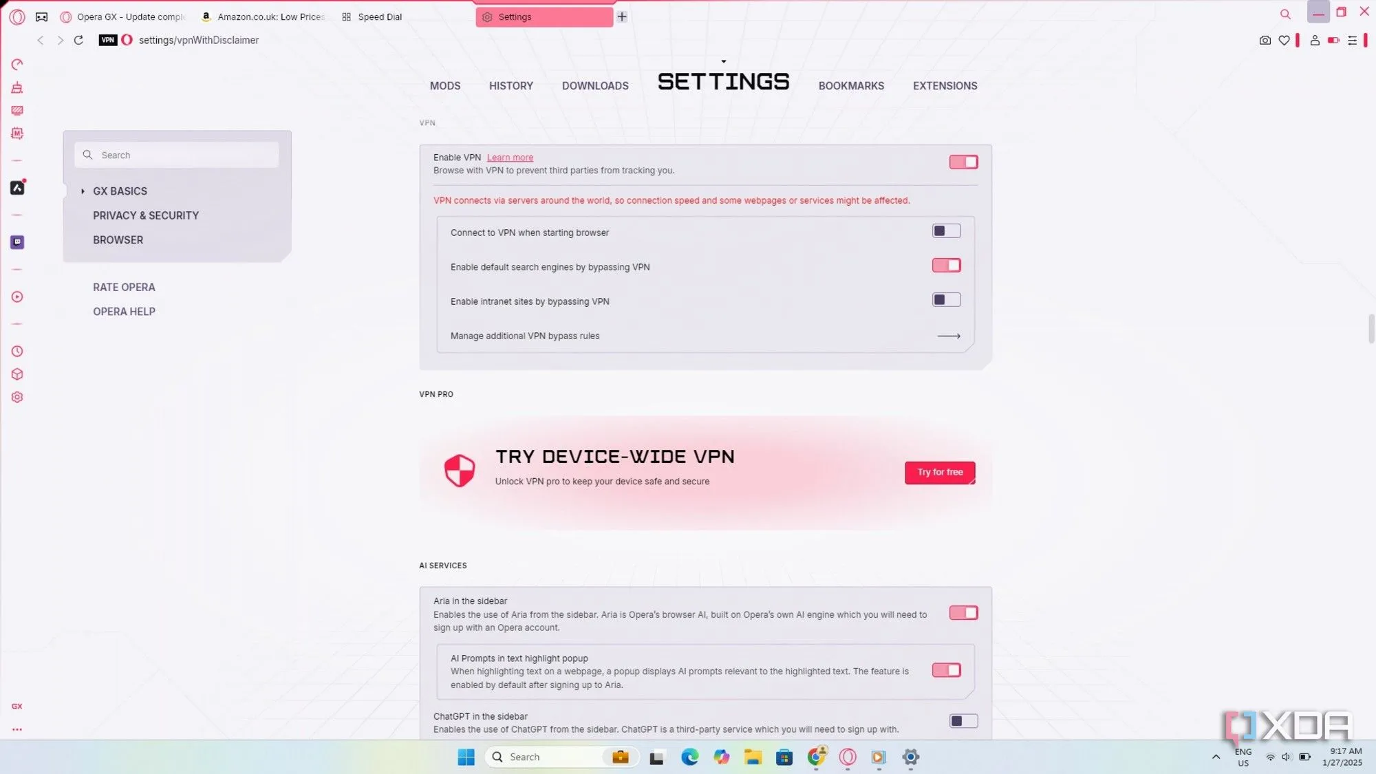 Cài đặt VPN miễn phí tích hợp trong trình duyệt Opera GX