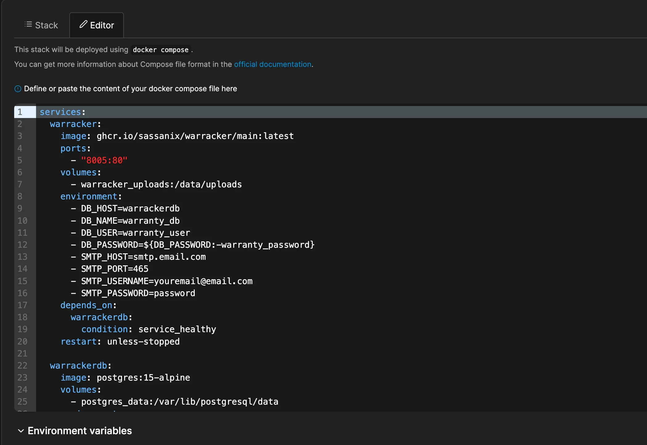 Cài đặt Warracker bằng Docker Compose trong giao diện quản lý Portainer