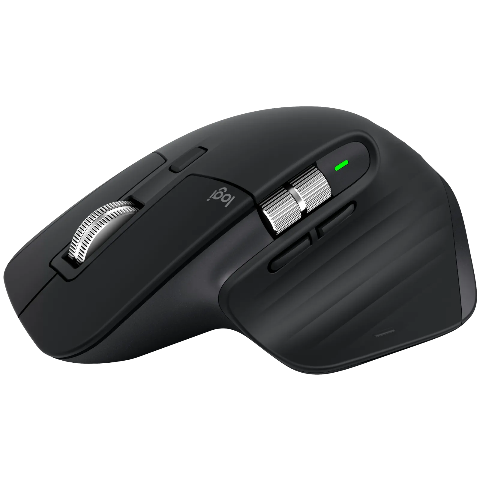 Cận cảnh chuột Logitech MX Master 3S màu đen, thể hiện thiết kế công thái học và vị trí chân chuột có thể thay thế.