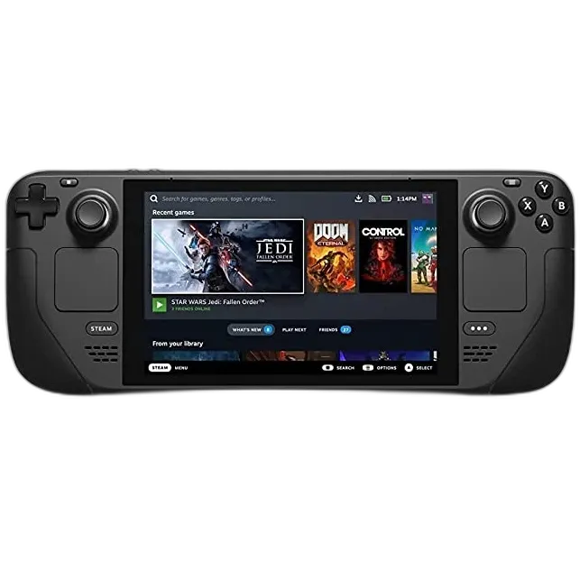 Cận cảnh góc nhìn từ trên xuống của thiết bị chơi game cầm tay Steam Deck