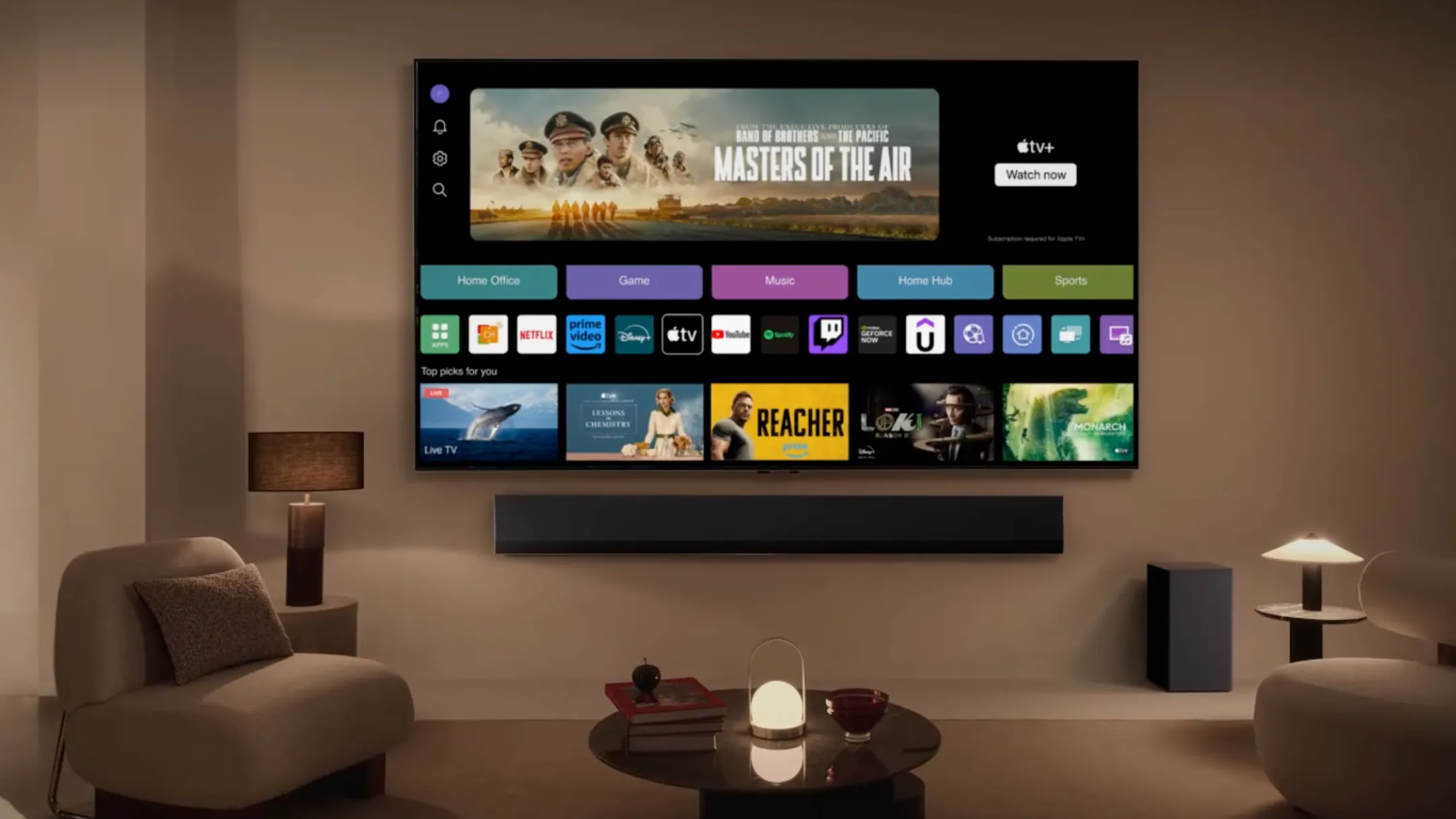 Cận cảnh thiết kế viền mỏng và chân đế của TV LG UT70 Series
