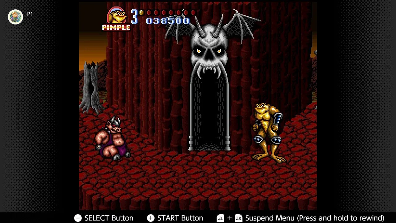 Cảnh chiến đấu của hai chiến binh ếch Battletoads trong Battlemaniacs, game beat 'em up cổ điển SNES