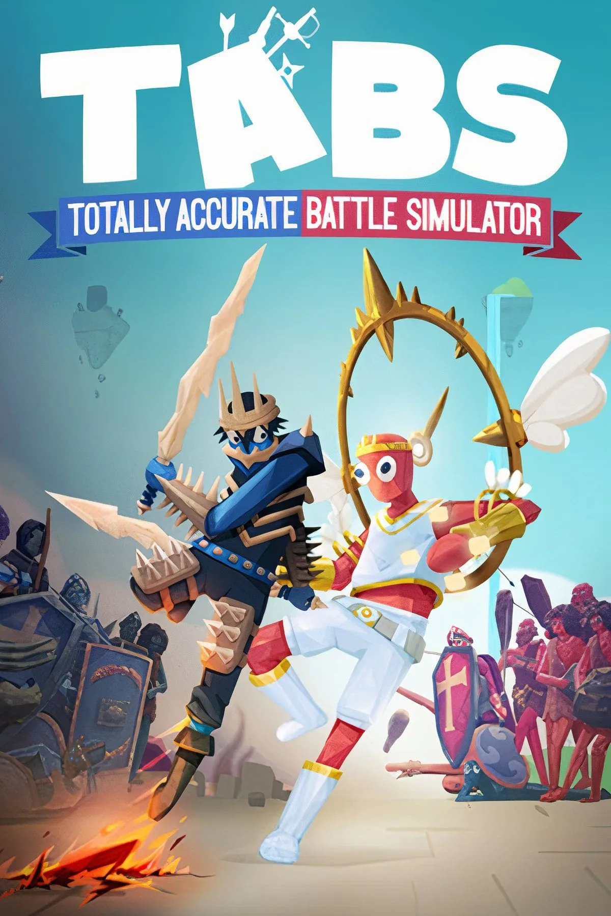 Cảnh chiến đấu hỗn loạn với các đơn vị quân đội hài hước trong Totally Accurate Battle Simulator (TABS), minh họa tính chất vật lý ngớ ngẩn và chiến thuật.