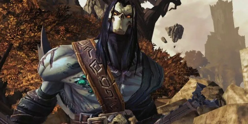 Cảnh chiến đấu trong Darksiders II, nhân vật Death sử dụng vũ khí đặc trưng.