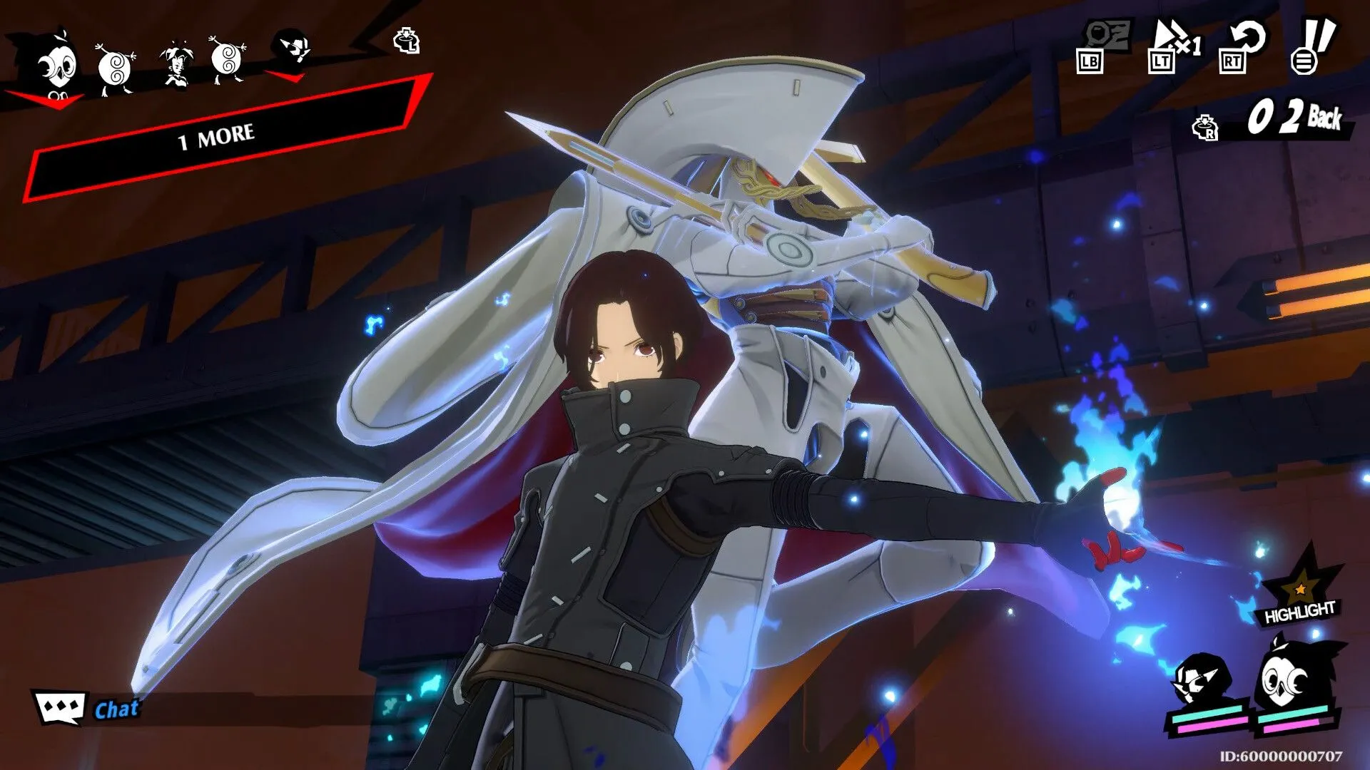 Cảnh chiến đấu trong Persona 5: The Phantom X, với các thành viên Phantom Thieves mới sử dụng Persona của họ trong trận chiến theo lượt.
