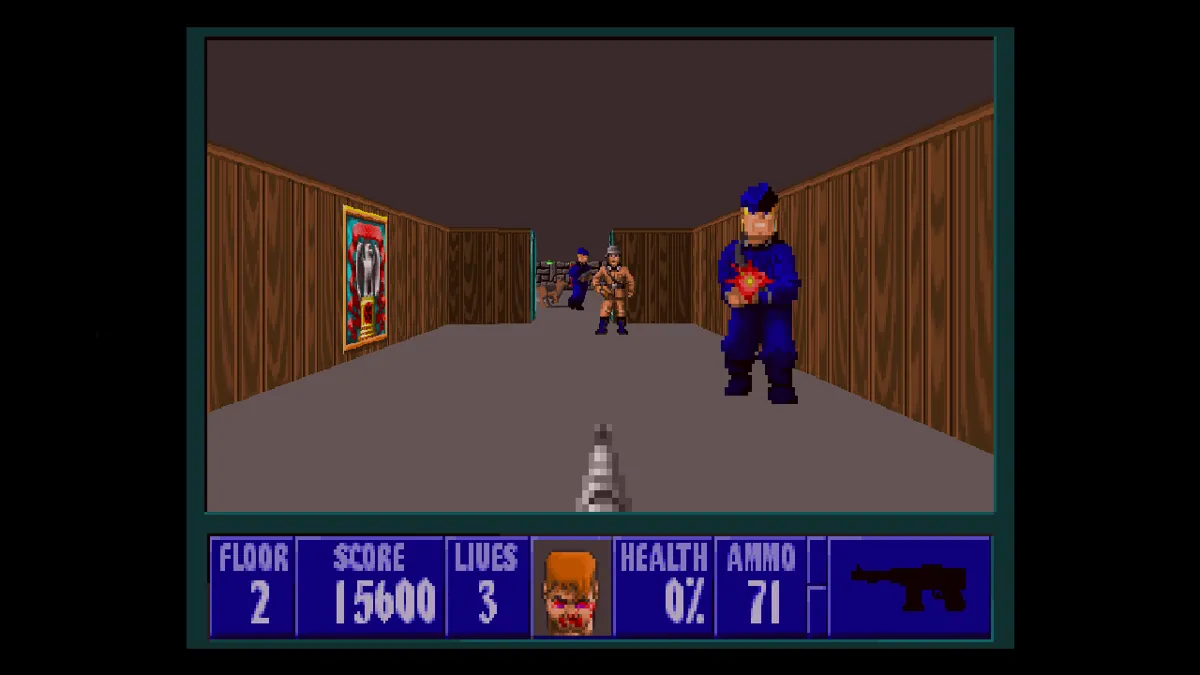 Cảnh chiến đấu trong Wolfenstein 3D, thể hiện cơ chế bắn súng nhanh nhạy