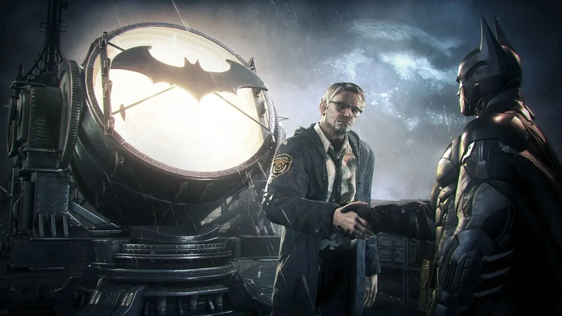 cảnh chơi game Batman: Arkham Knight, Batman đứng giữa khung cảnh thành phố Gotham tối tăm