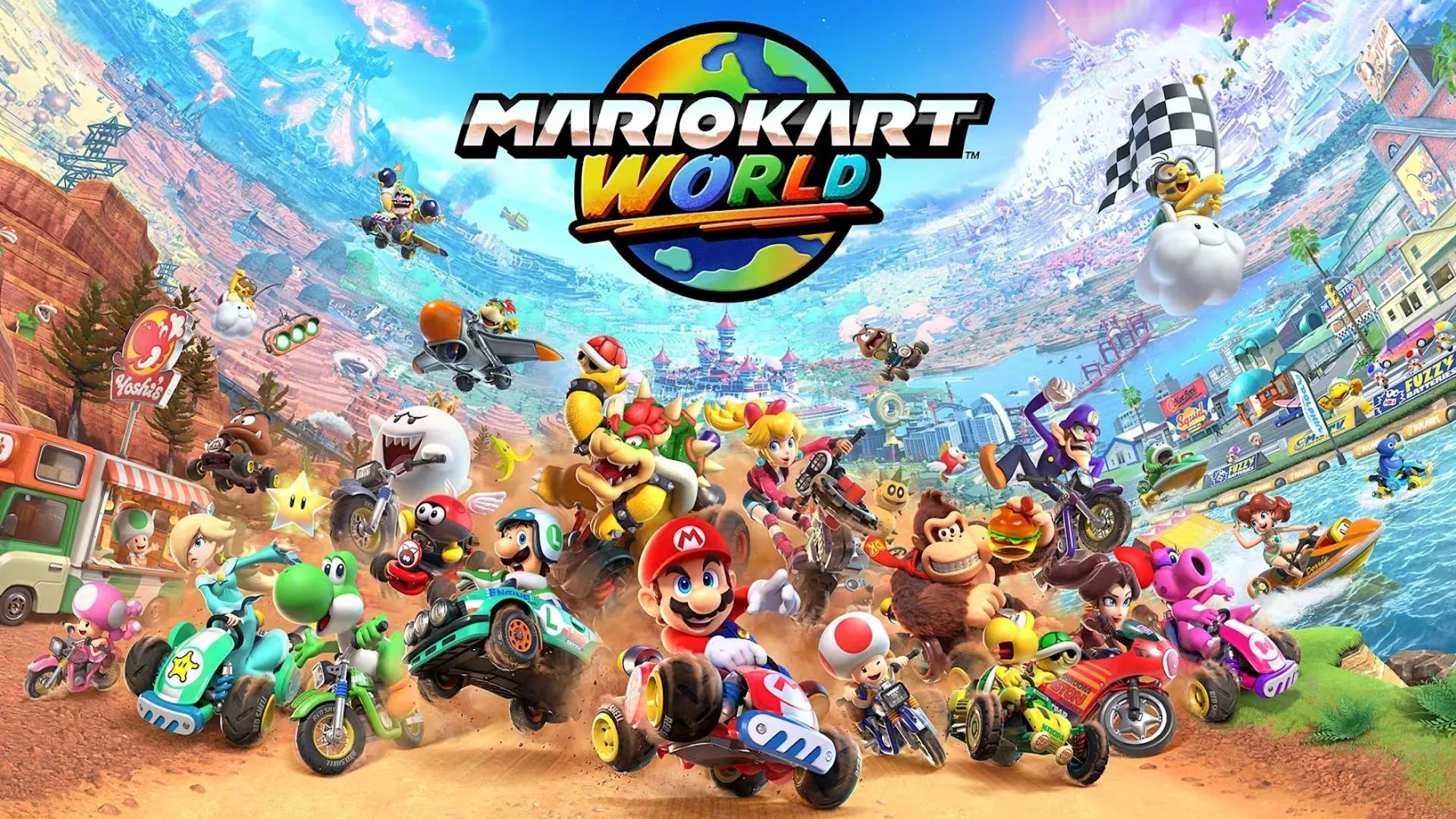 Cảnh đua xe đông đúc trong Mario Kart World
