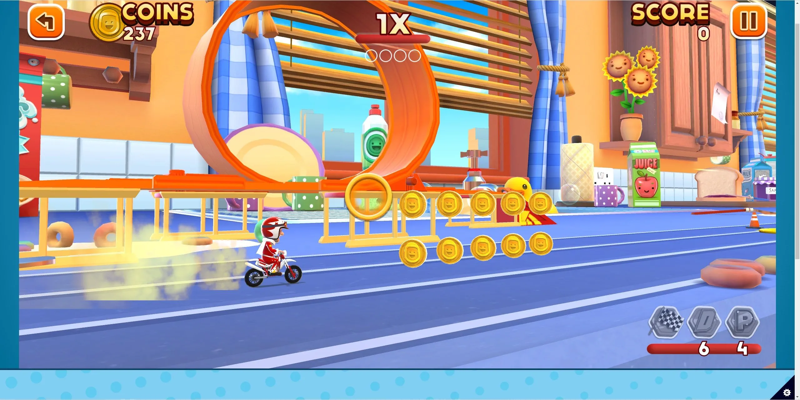 Cảnh game Joe Danger Infinity với nhân vật Joe Danger đang thực hiện pha nhào lộn trên xe máy trong màn chơi đầy màu sắc.