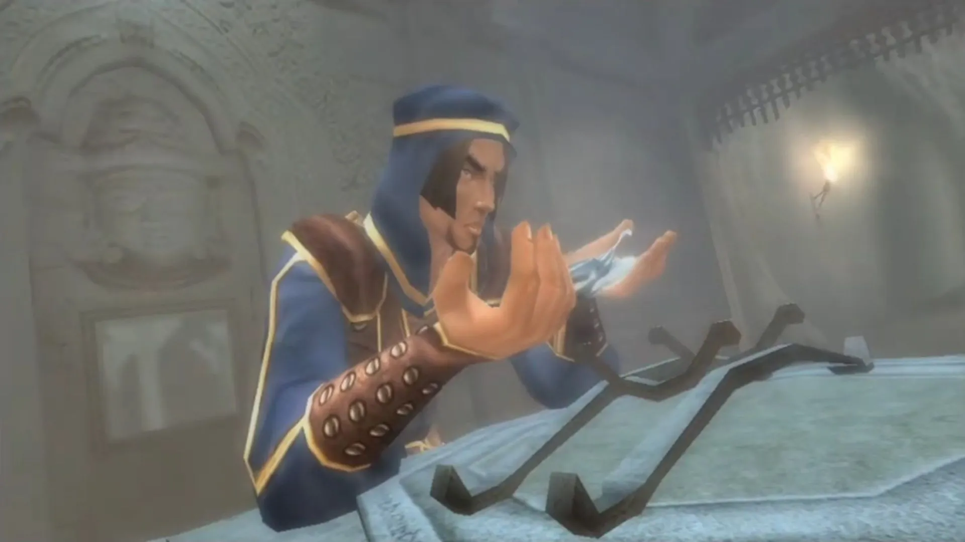 Cảnh game Prince of Persia: The Sands of Time, Hoàng tử đang tìm thấy Dagger of Time, một con dao cổ với khả năng điều khiển cát thời gian, cho phép thao túng các sự kiện và là vũ khí biểu tượng trong dòng game.