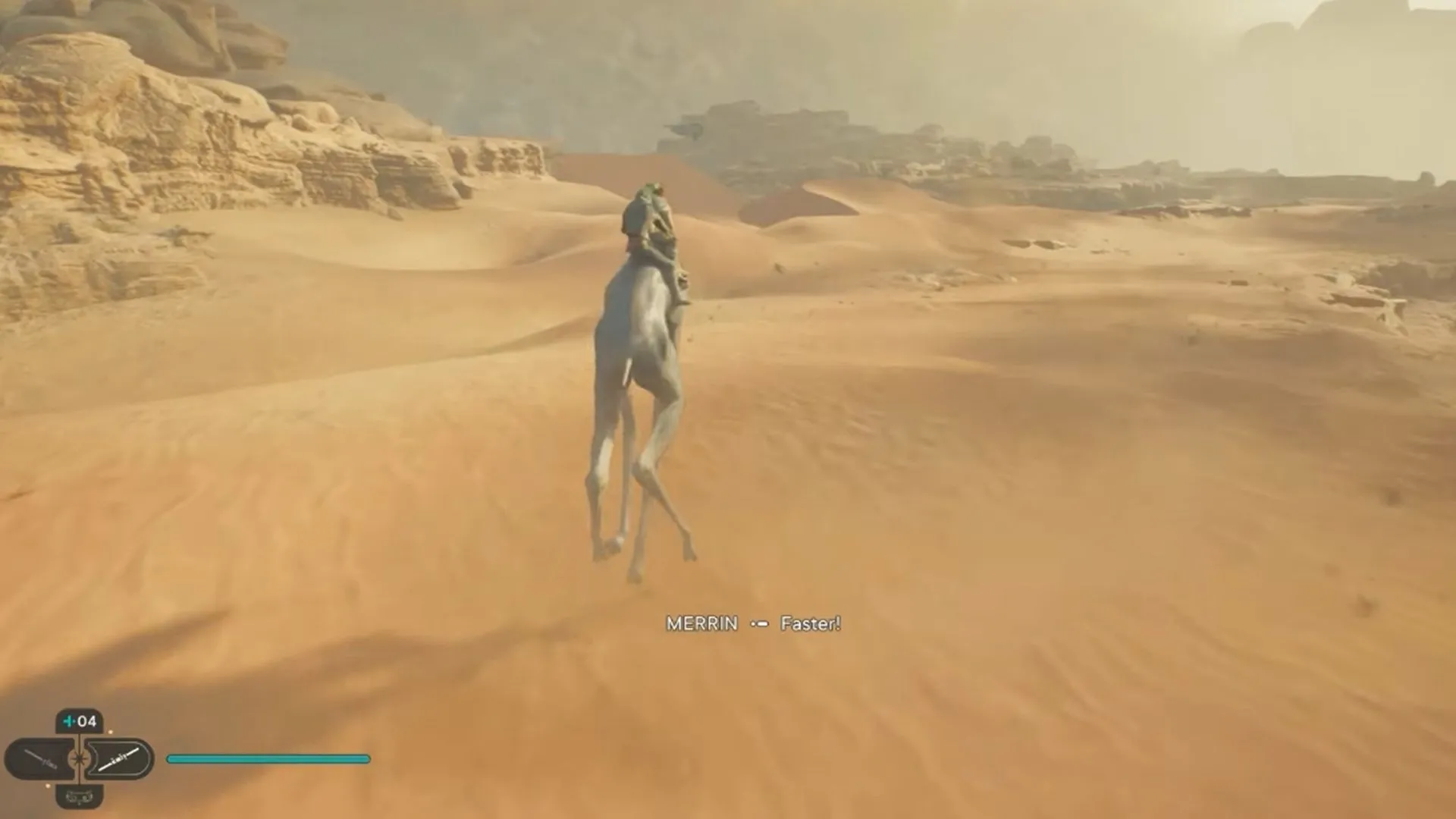 Cảnh gameplay Cal Kestis cưỡi sinh vật trên vùng cát sa mạc của Jedha trong Star Wars Jedi Survivor, với lực lượng Imperial tuần tra