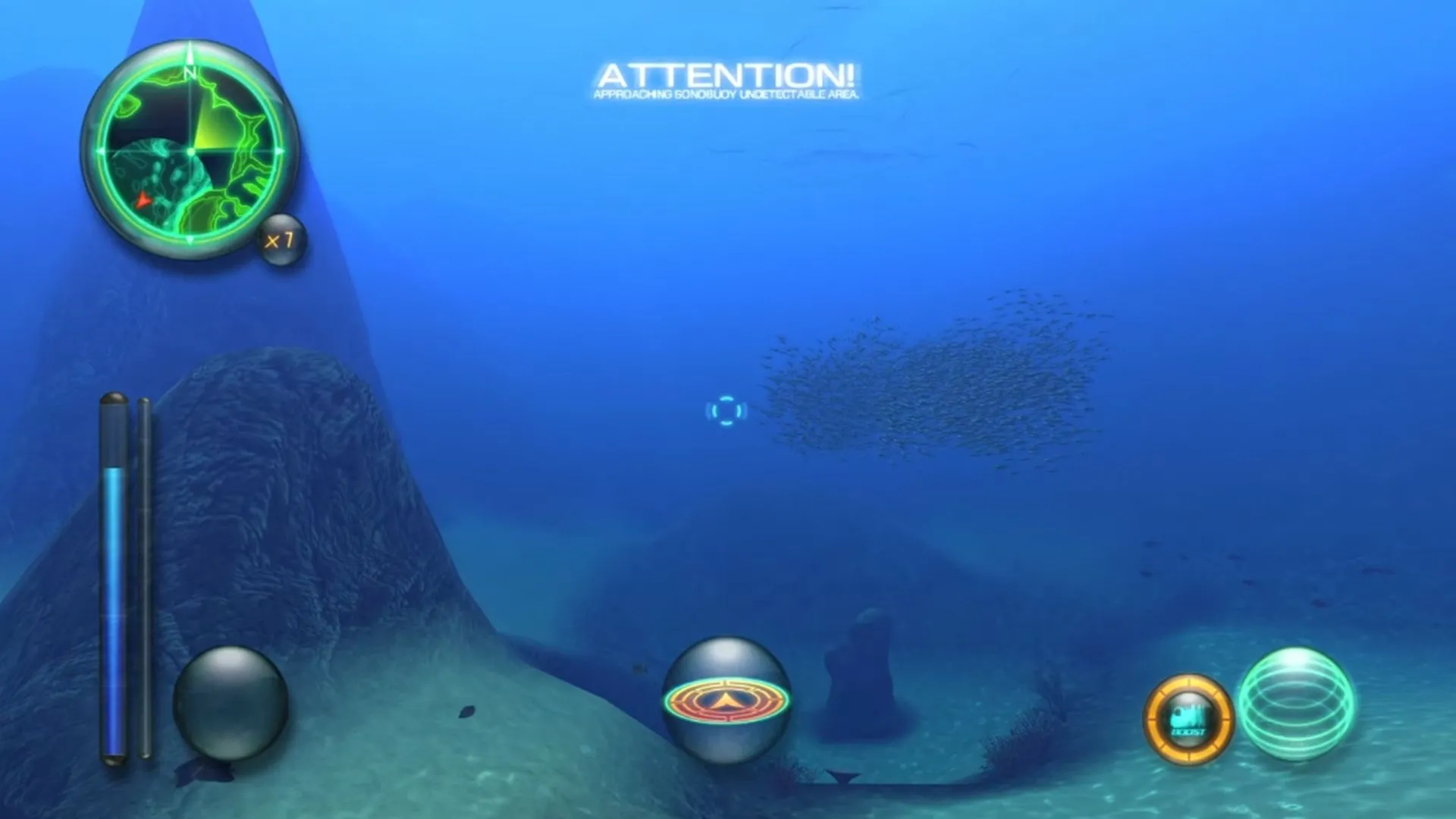 Cảnh gameplay của Aquanaut's Holiday: Hidden Memories, một người chơi đang điều khiển tàu ngầm dưới đáy biển xanh.