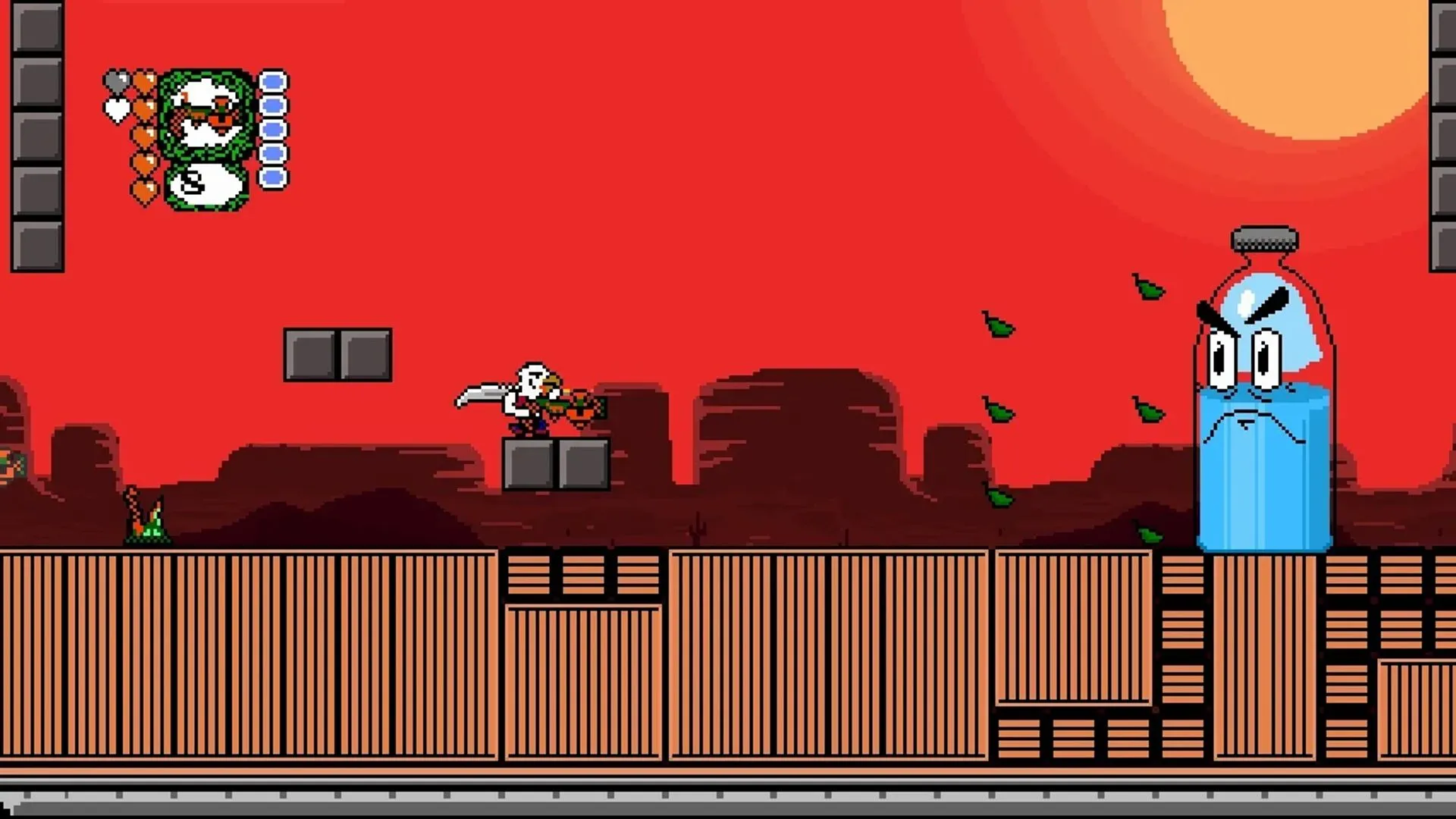 Cảnh gameplay của Revenge of the Bird King, nhân vật Dwanye bắn súng trong môi trường platformer pixel
