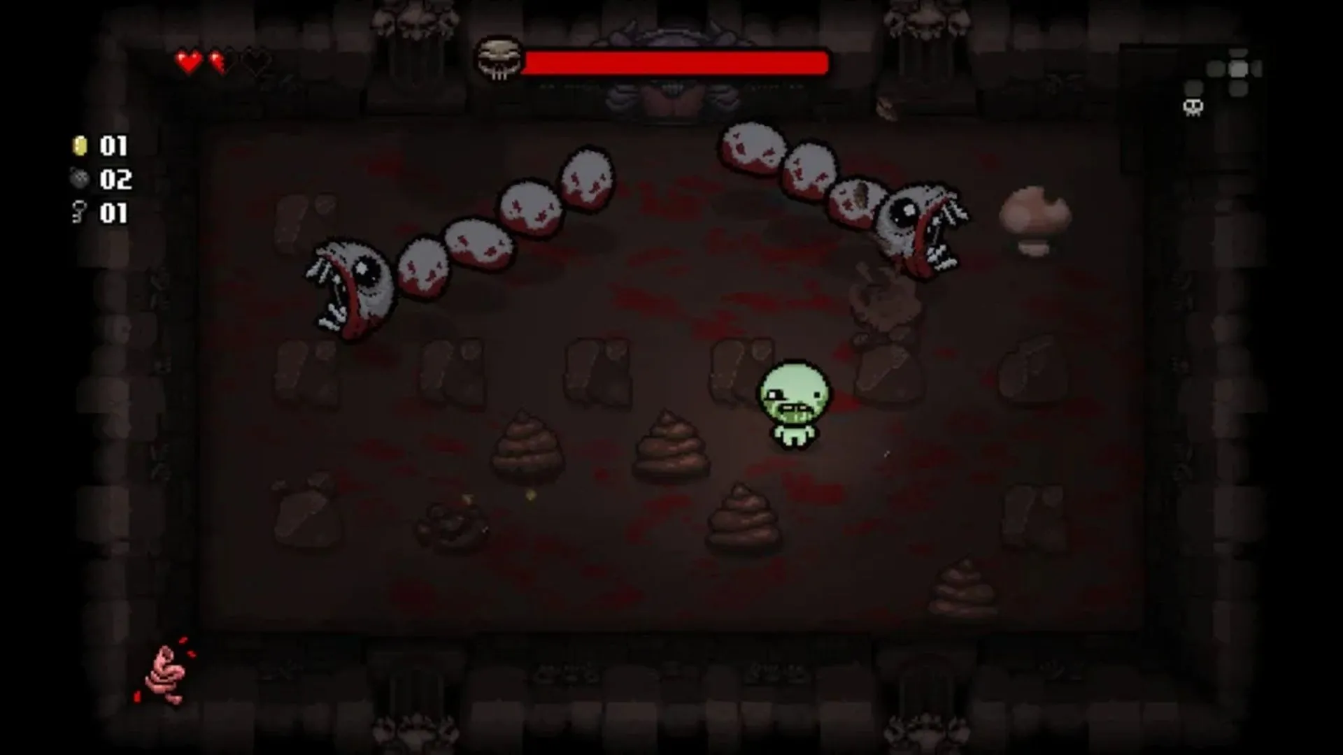 Cảnh gameplay từ The Binding of Isaac Rebirth, thể hiện Isaac chiến đấu trong dungeon với đồ họa pixel art