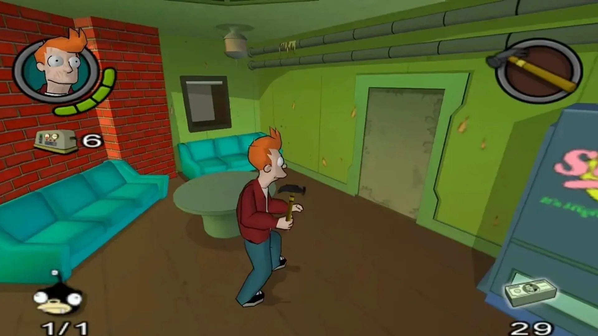 Cảnh gameplay từ tựa game Futurama trên console Xbox, với các nhân vật hoạt hình quen thuộc