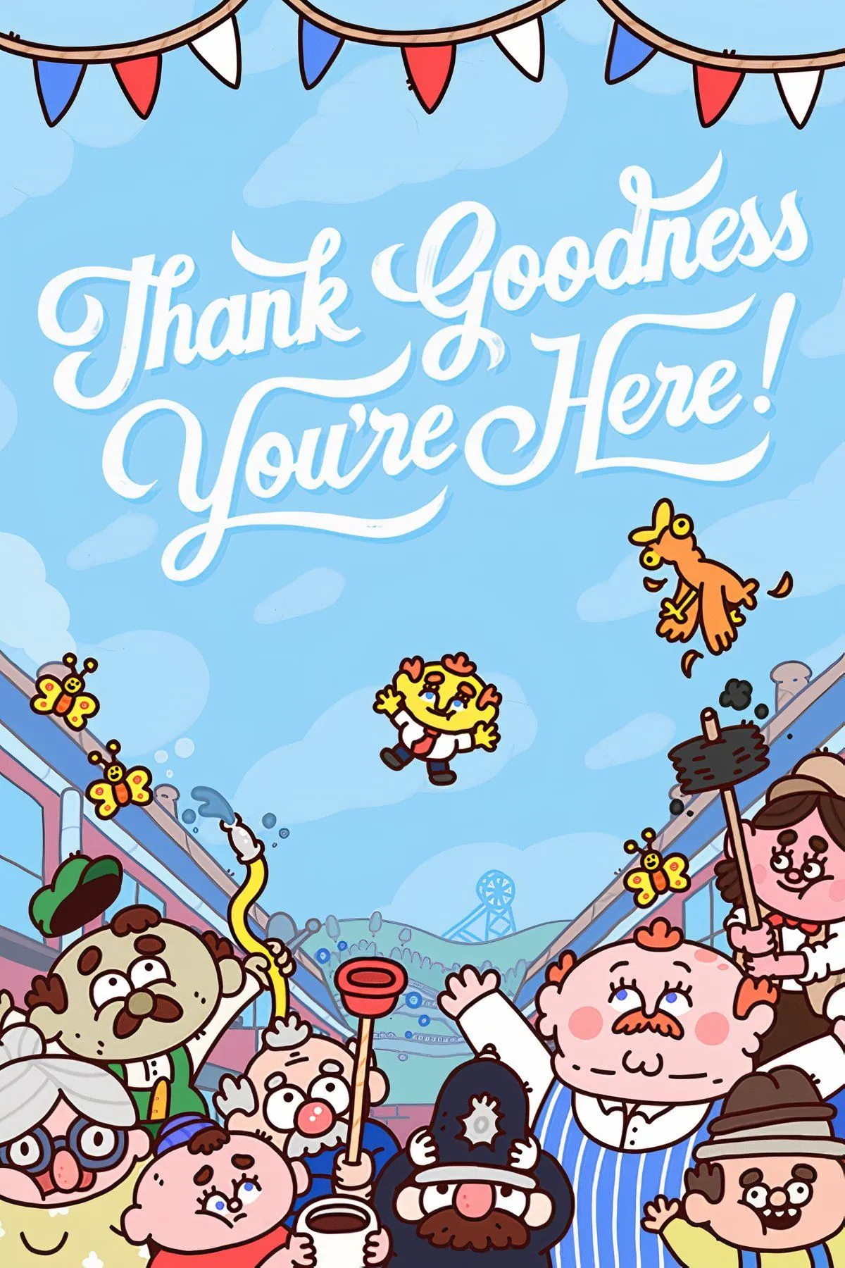 Cảnh hài hước trong game Thank Goodness You're Here! với phong cách đồ họa độc đáo và nhân vật hoạt hình