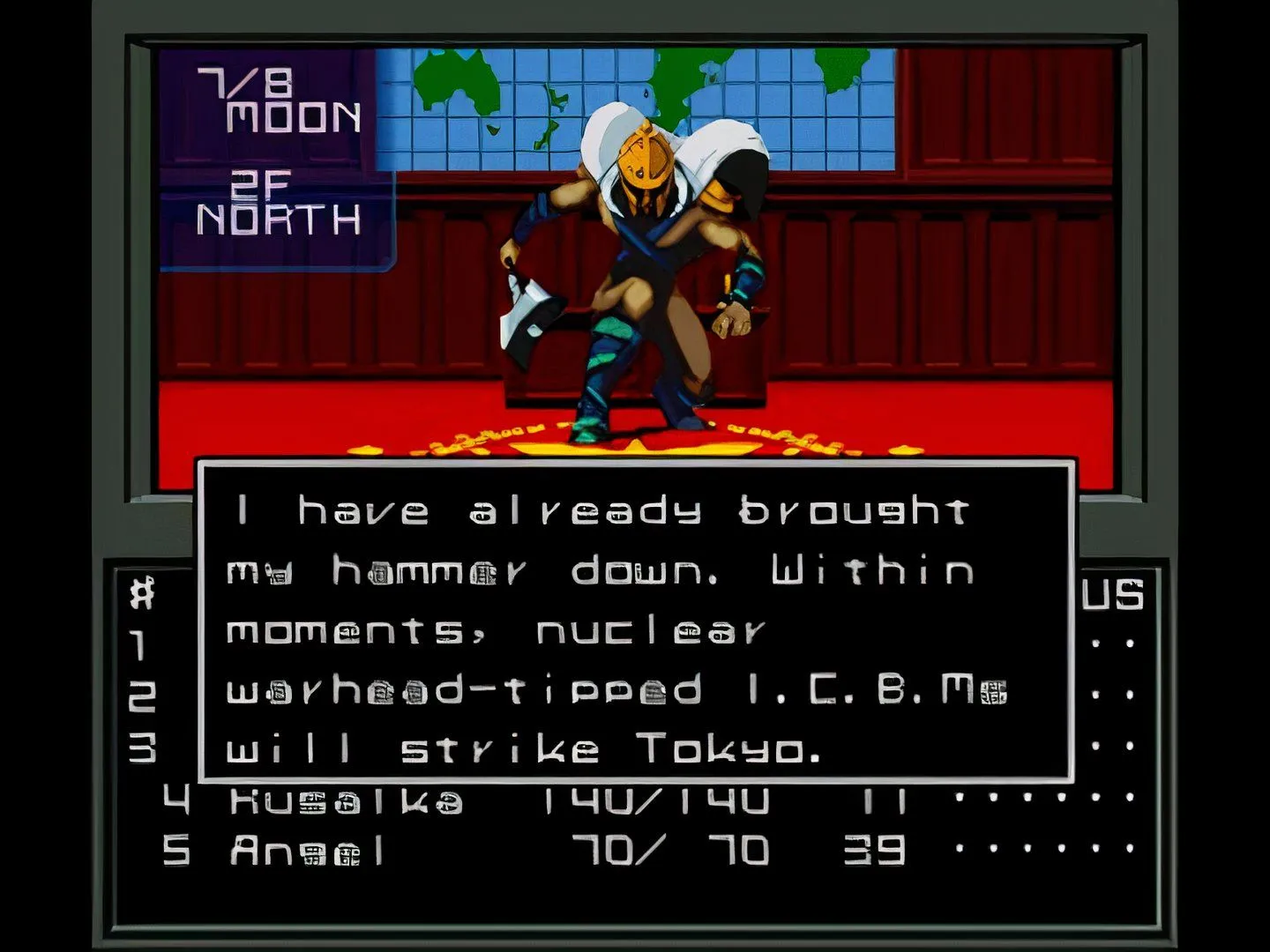 Cảnh khám phá dungeon trong game Shin Megami Tensei với các nhân vật và quái vật đặc trưng.