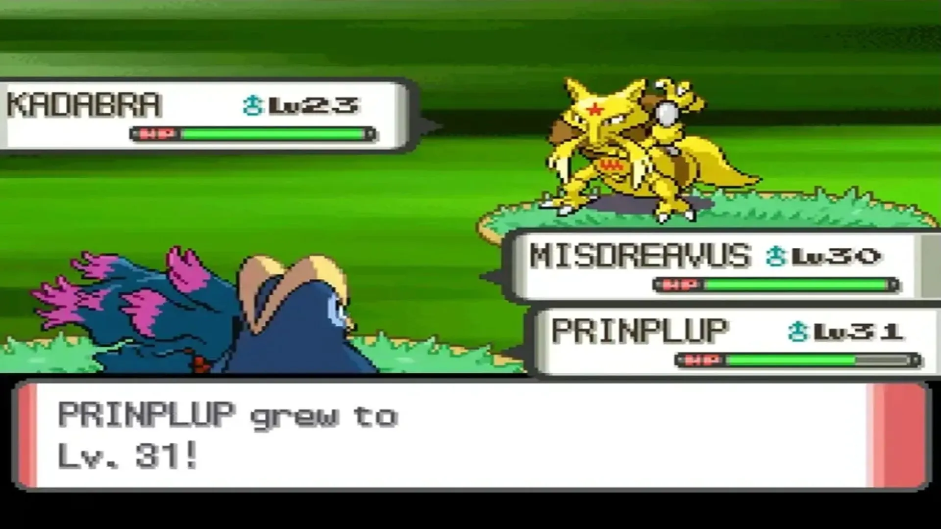 Cảnh màn hình chiến đấu kép trong game Pokémon Pearl trên Nintendo DS, cho thấy hai Pokémon đang đối đầu, minh họa lối chơi nhập vai chiến lược và đồ họa của thế hệ Pokémon thứ tư.