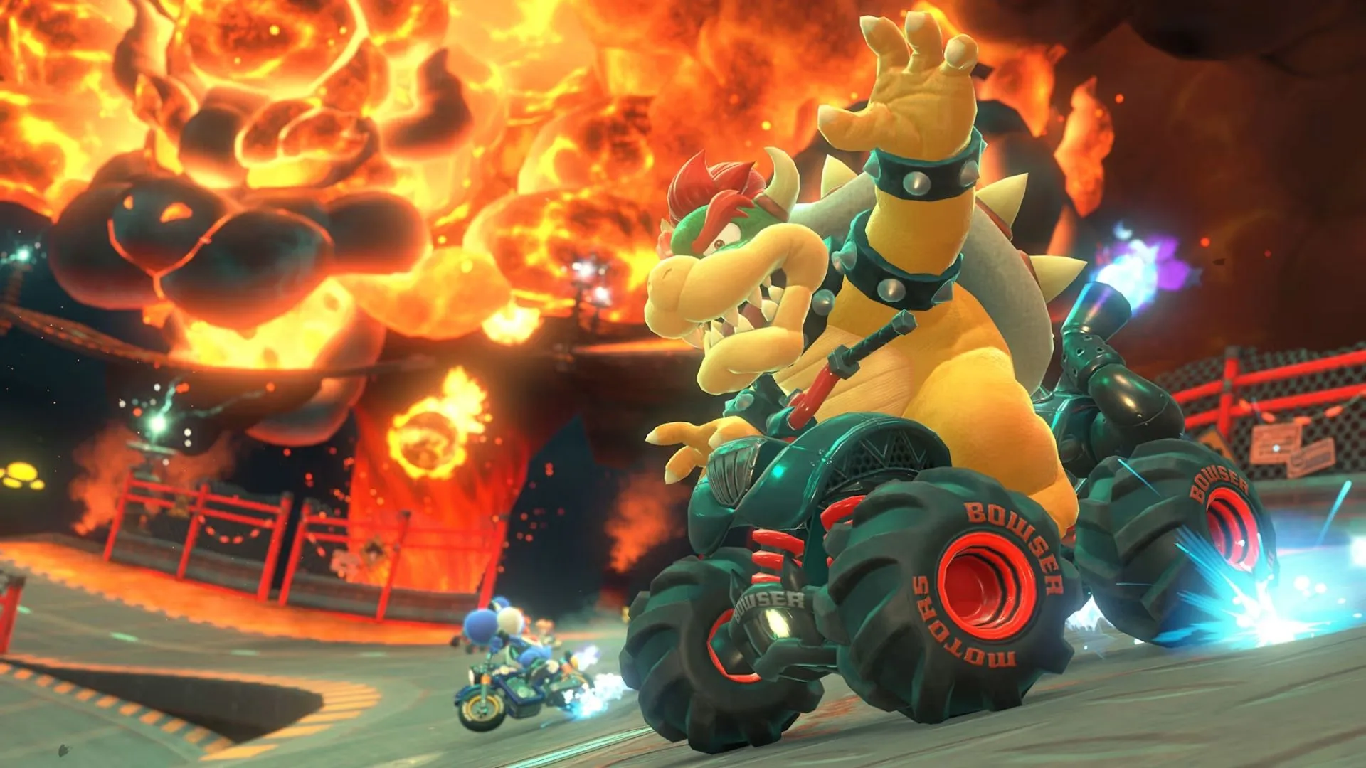Cảnh Mario Kart World với các xe kart đua trên đường ray