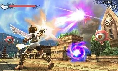 Cảnh nhân vật Pit từ Kid Icarus Uprising đang bay và chiến đấu trong môi trường 3D ấn tượng, thể hiện đồ họa sống động và phong cách hành động tốc độ cao của game trên Nintendo 3DS.