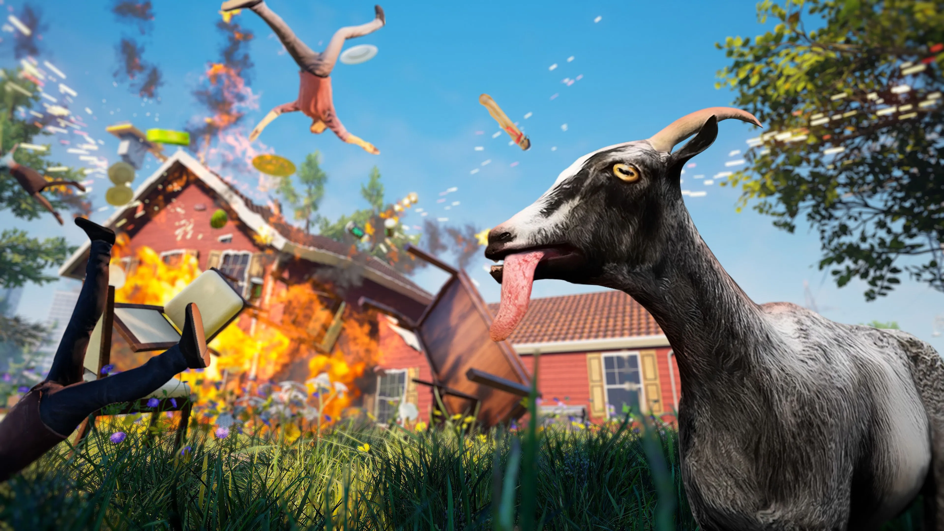 Cảnh phá phách quen thuộc của chú dê trong Goat Simulator Remastered, biểu tượng của sự sáng tạo điên rồ trong ngành game